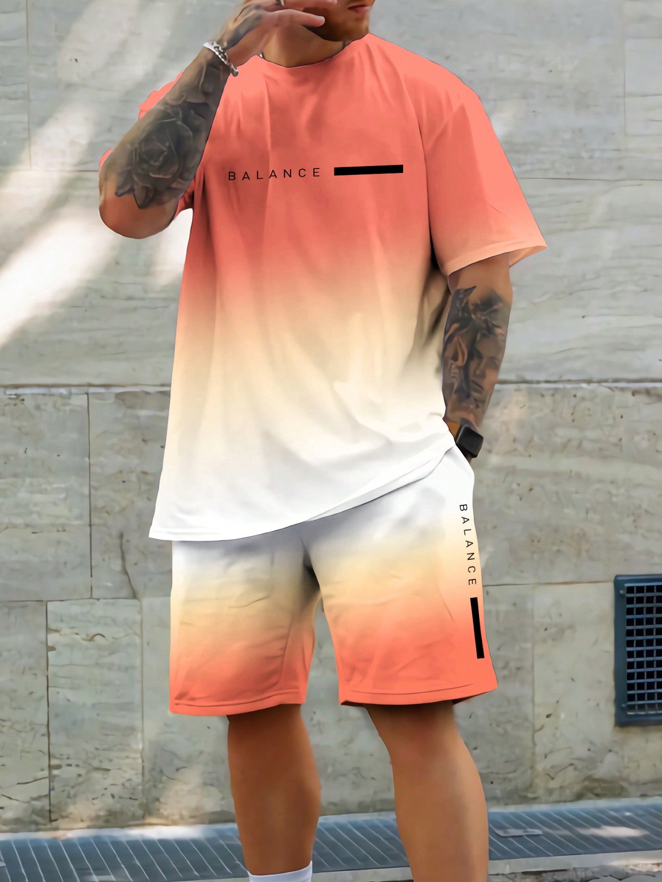 Men Simple Print Short Sleeve And Shorts Set