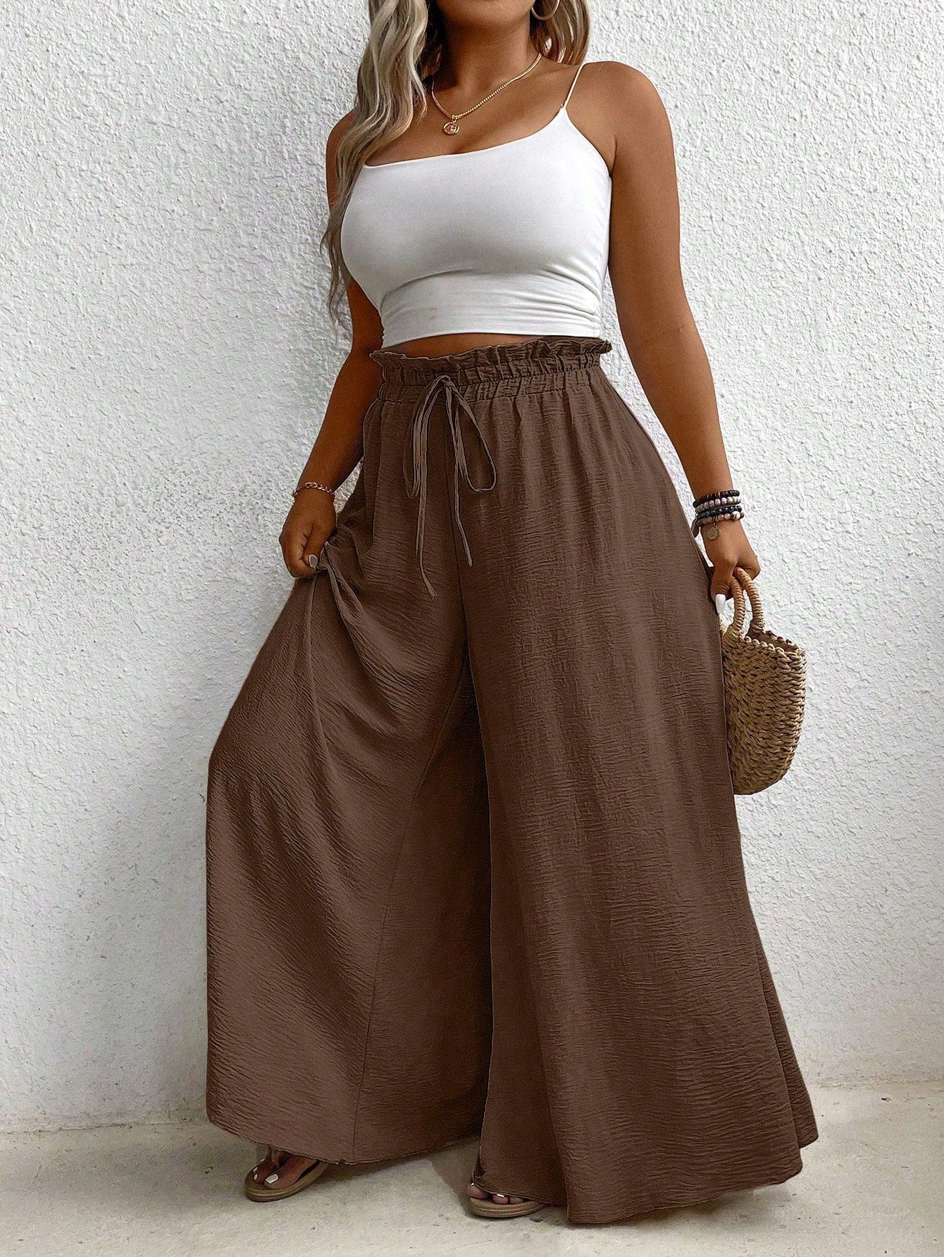 Plus Size Solid Color High-Waist Wide Leg Pants With Paperbag Waist, Summer