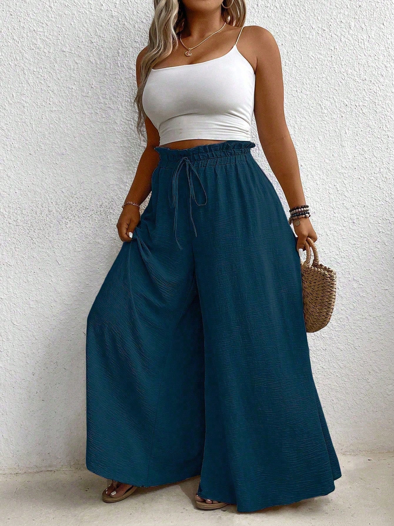 Women's Plus Size Solid Color High Waist Paper Bag Wide Leg Pants