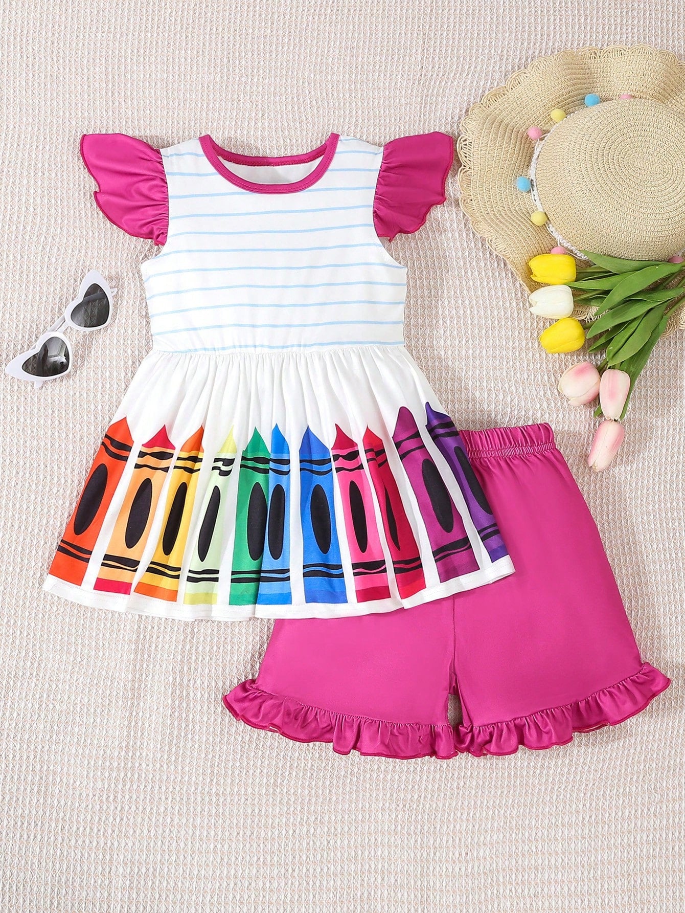 Young Girl Back-To-School 2pcs Pencil Element Pink Pants With Ruffle Hem, Sweet And Cute Style