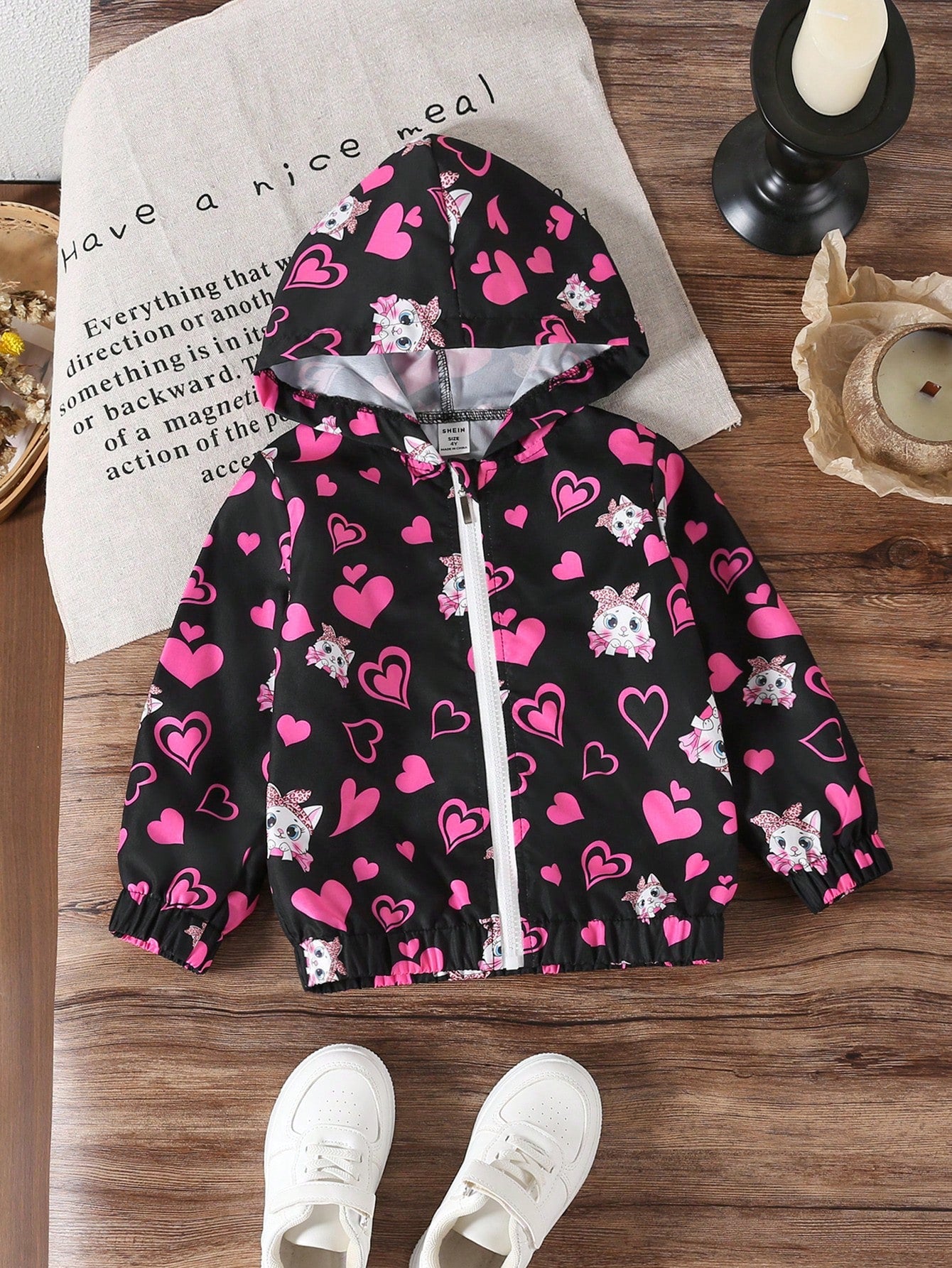 Young Girls Love Cat Graphic Hoodie Jacket