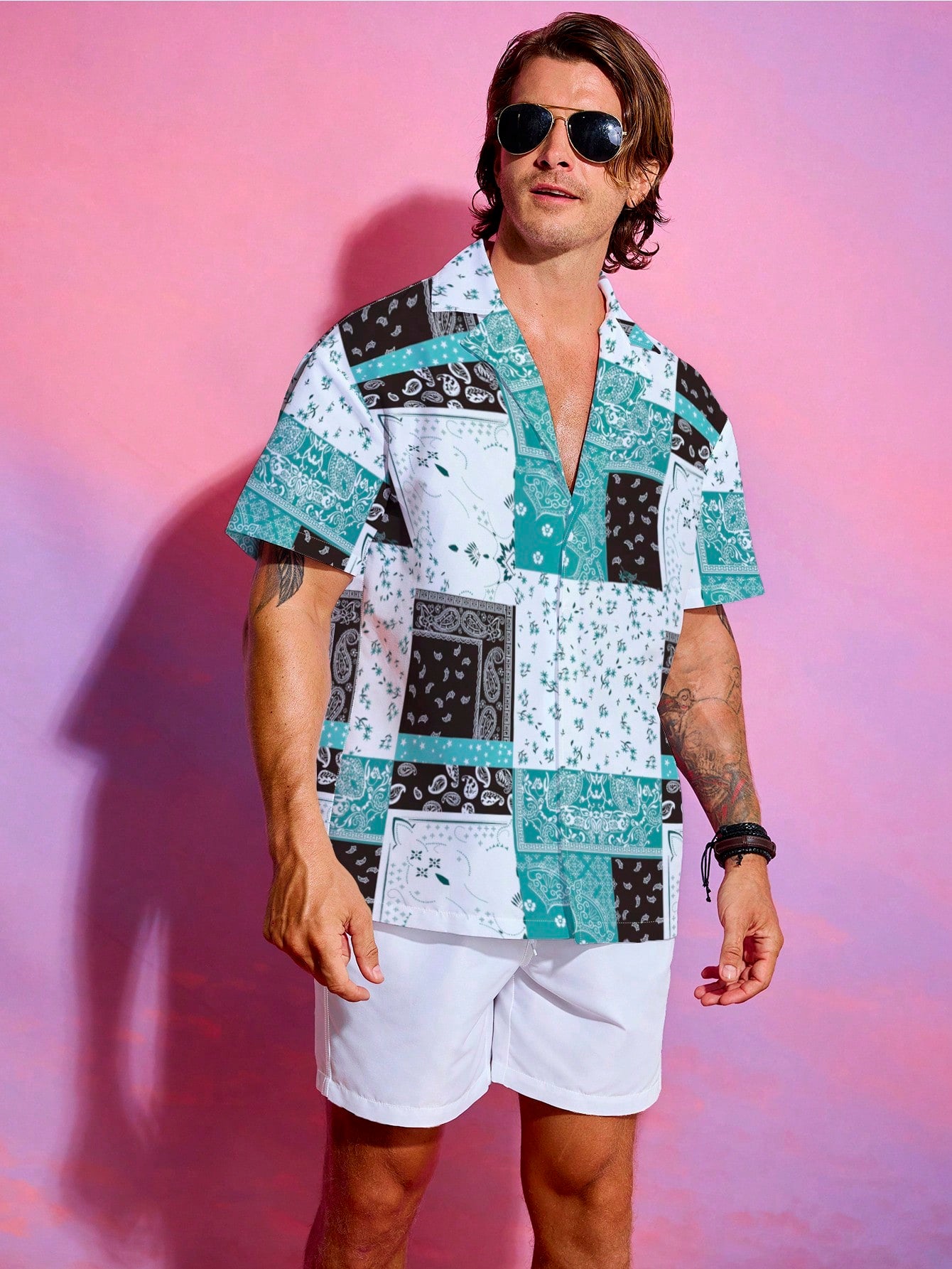 Men's Vacation Casual Patchwork Printed Short Sleeve Shirt And Solid Color Shorts Beach Outfit