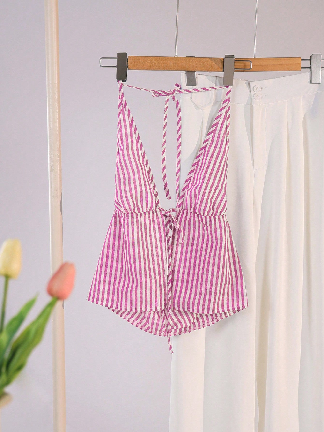 Striped Print Tie Backless Cami Top For Summer