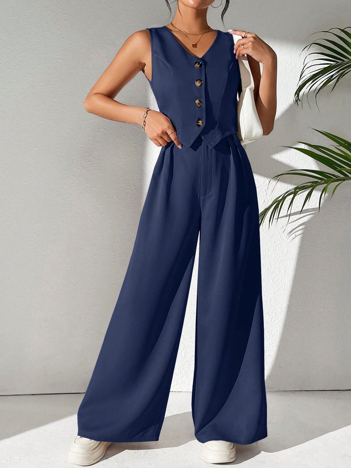 Frenchy Spring Summer Casual Street Style Solid Color Short Vest And Pleated Wide-Leg Pants Suit For Commuting And Daily Wear