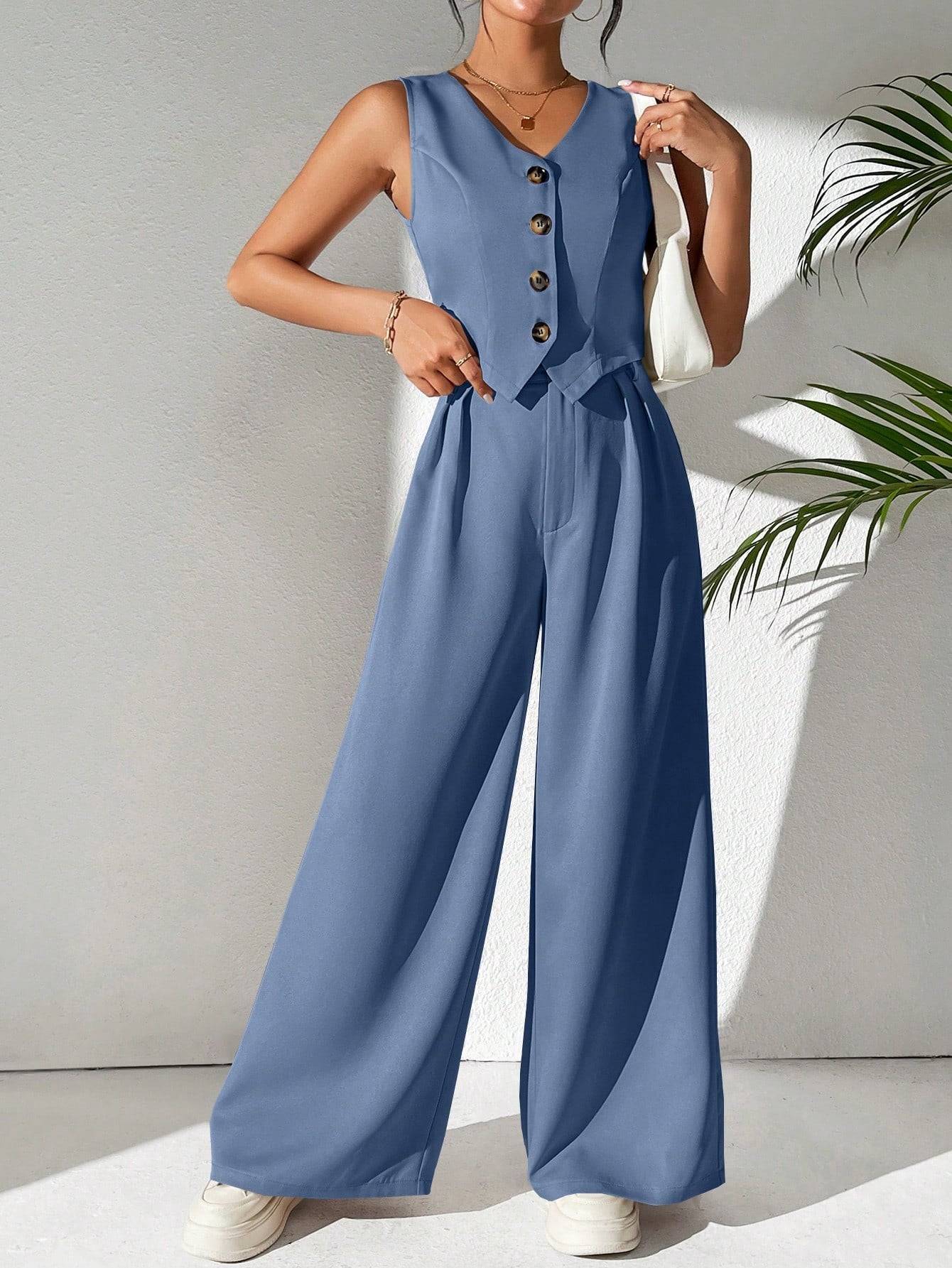 Frenchy Spring Summer Casual Street Style Solid Color Short Vest And Pleated Wide-Leg Pants Suit For Commuting And Daily Wear