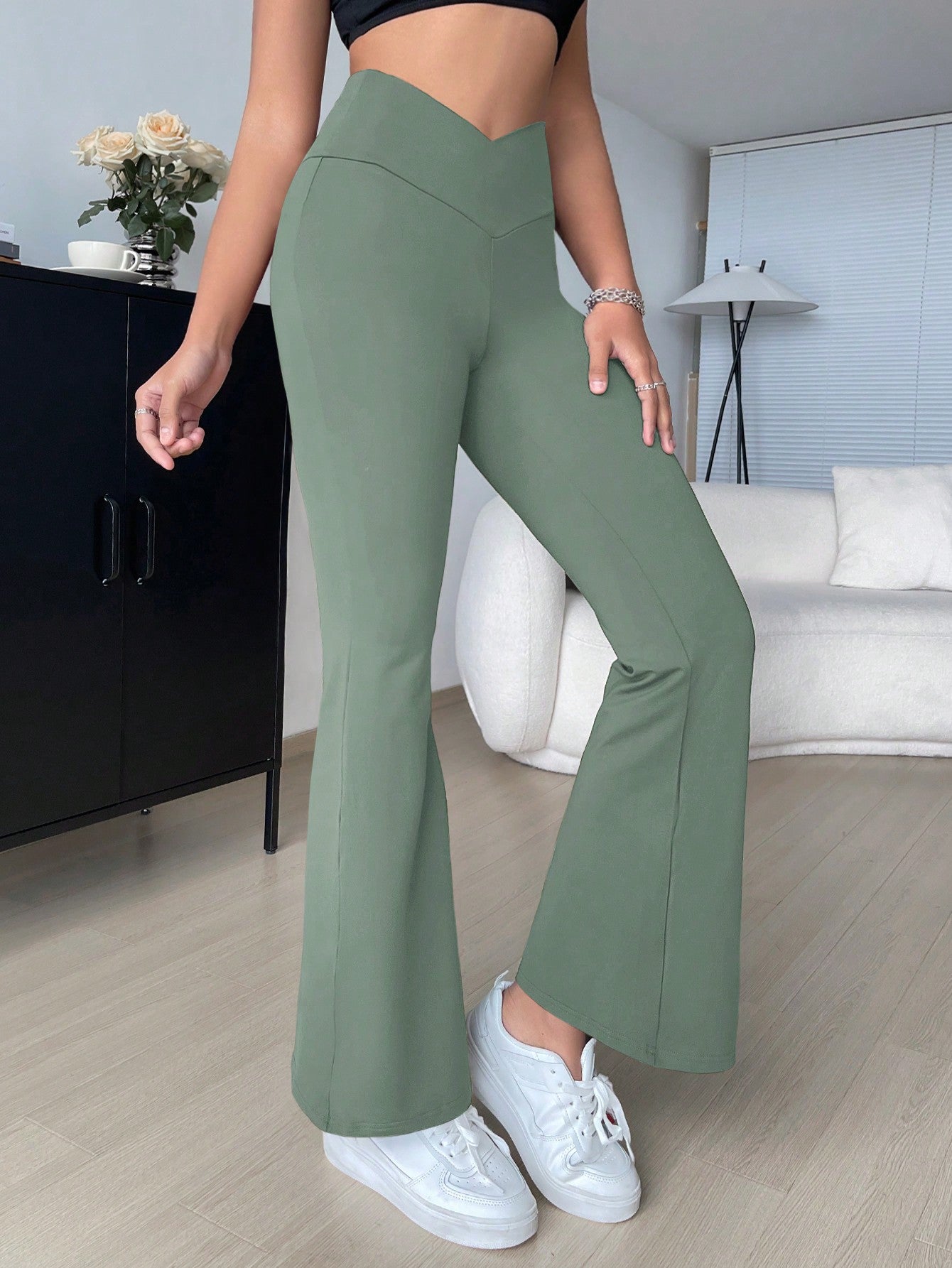 Overlap Waist Flare Leg Pants