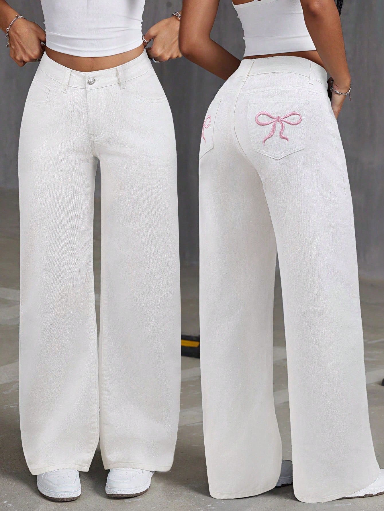 Women's Straight-Leg Jeans With Embroidered Bowknot And Washed-Out Effect