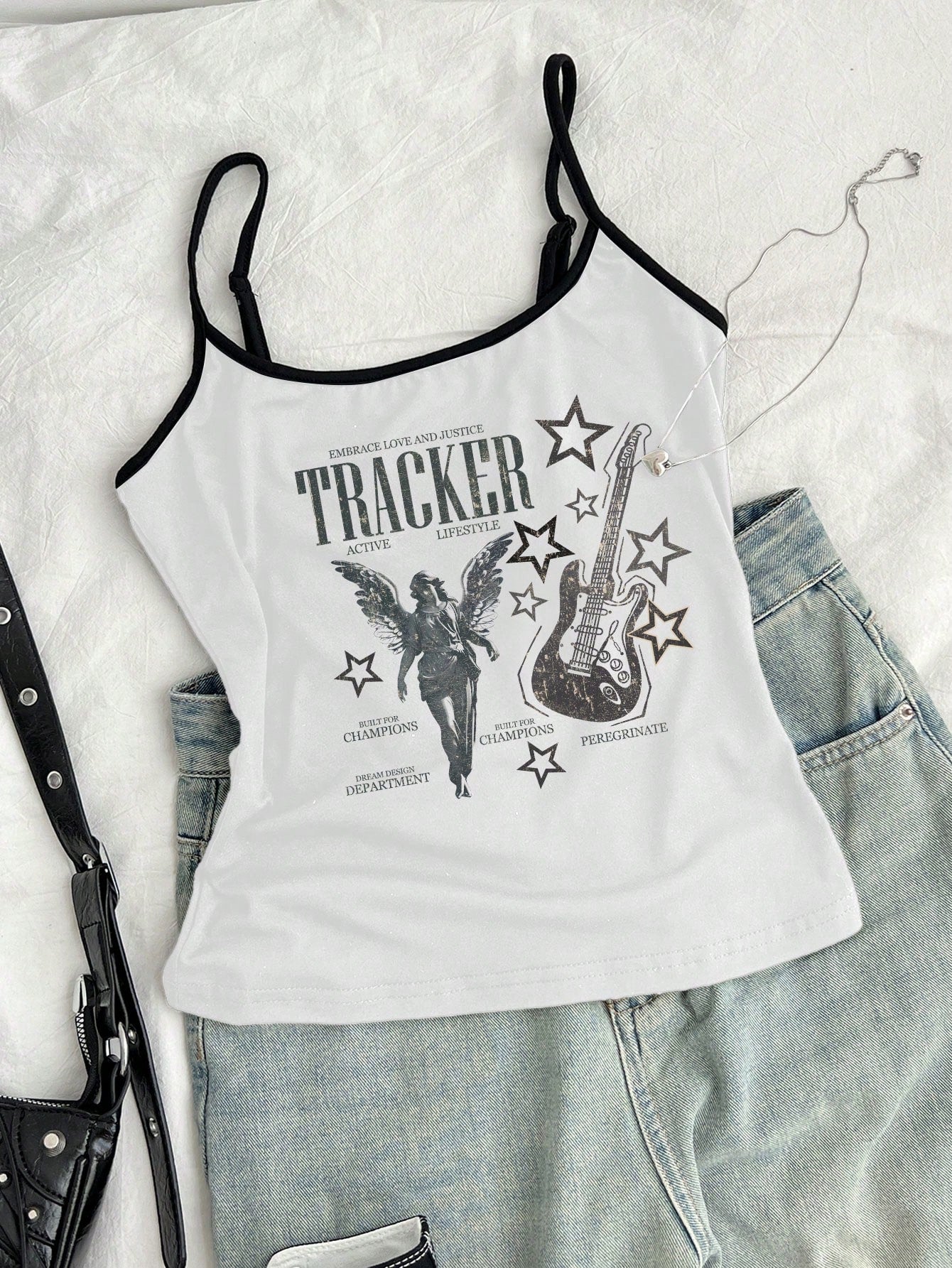 Casual Minimalist Guitar Angel Print Cami Tank Top For Women, Suitable For Summer Music Festivals