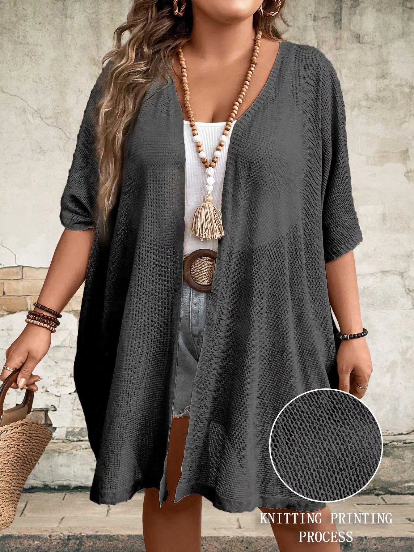 Plus Size Solid Color See-Through Sweater Cardigan With Half Sleeves