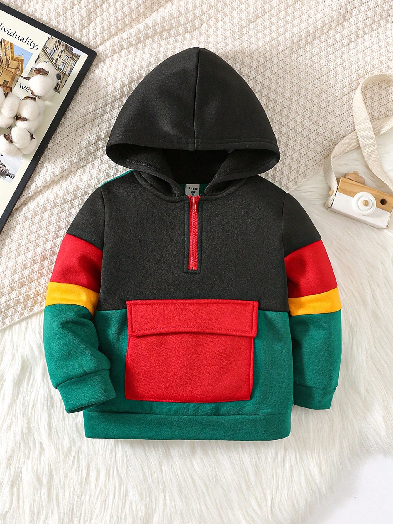 Young Boy's Color Block Hooded Long Sleeve Sweatshirt With Matching Design