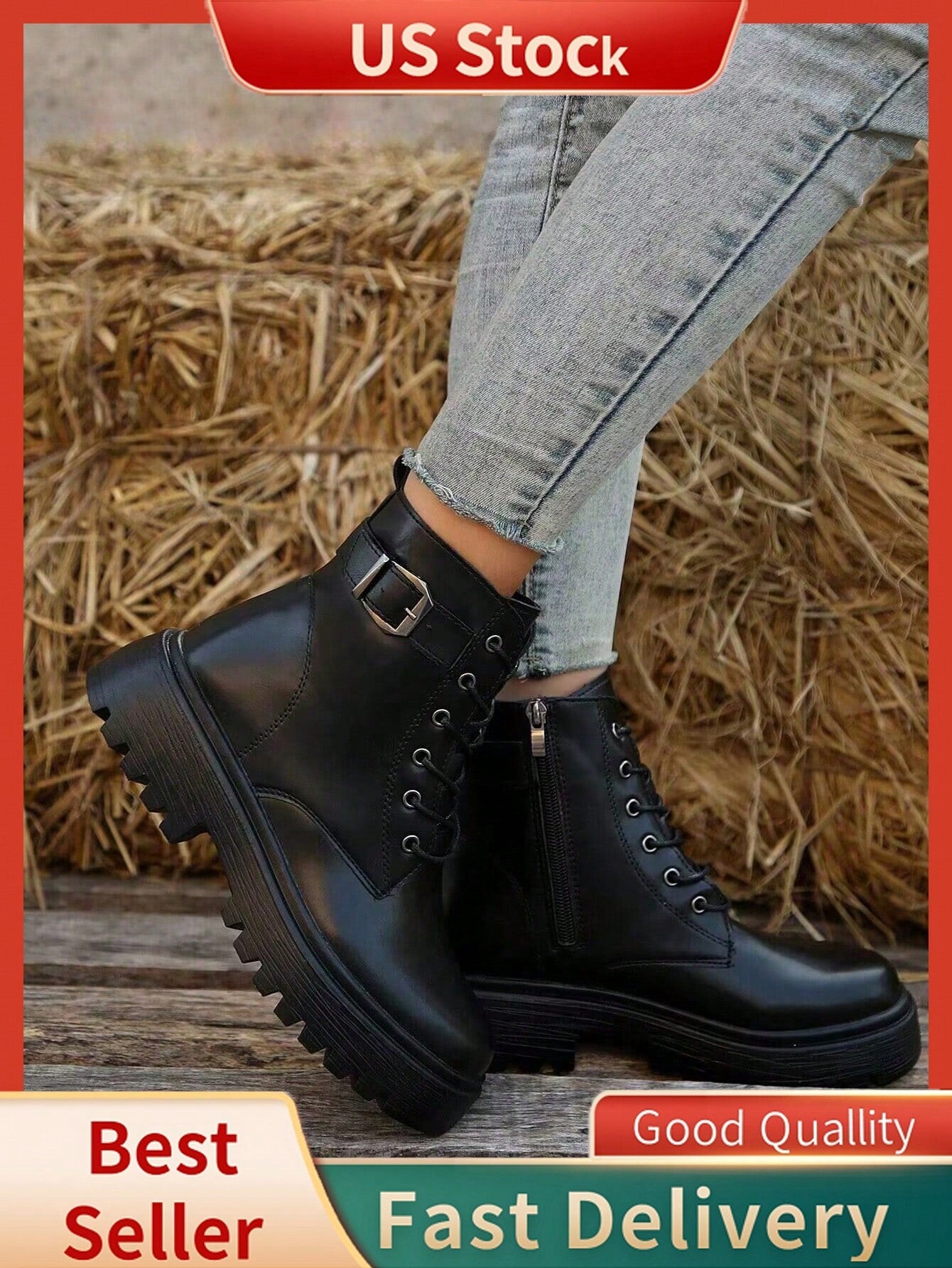 1pair Women's Fashionable Short Boots With Side Zipper, Round Toe, Lace-Up, Simple Belt Buckle, Black  Boots