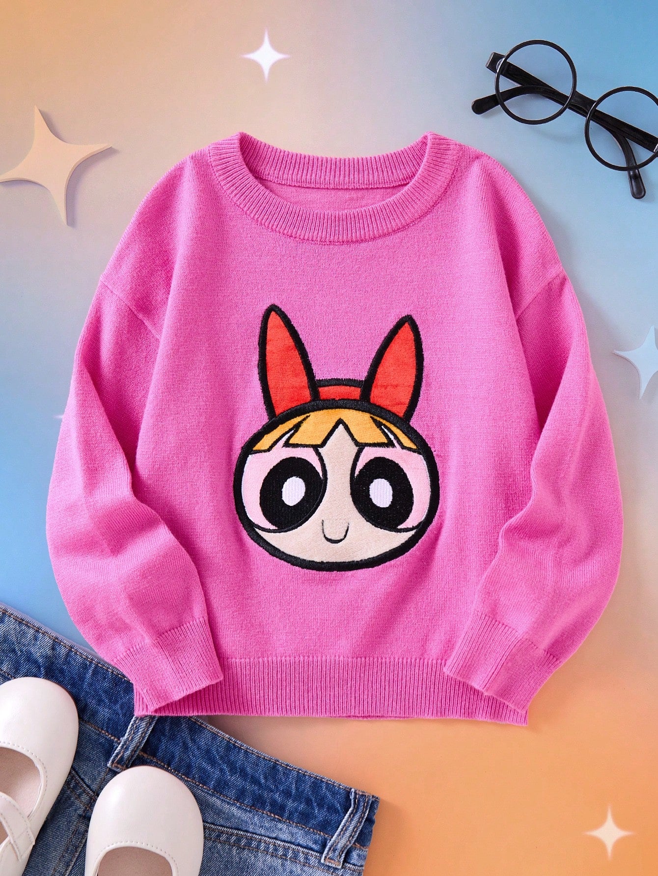 Young Girl Cute Pink Casual Cartoon Embroidered Drop Shoulder Oversized Sweater,Suitable For Fall & Winter