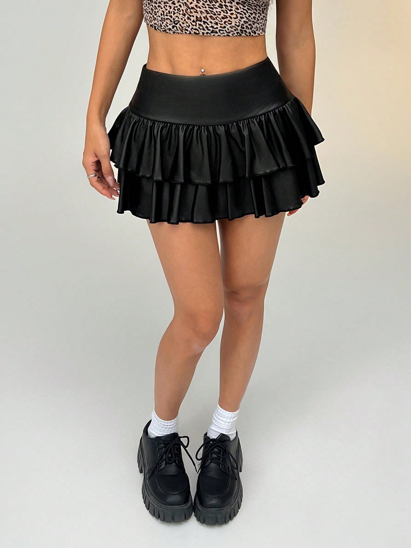 Women Solid Color Double Layer Ruffle Hem Mini Skirt For Summer