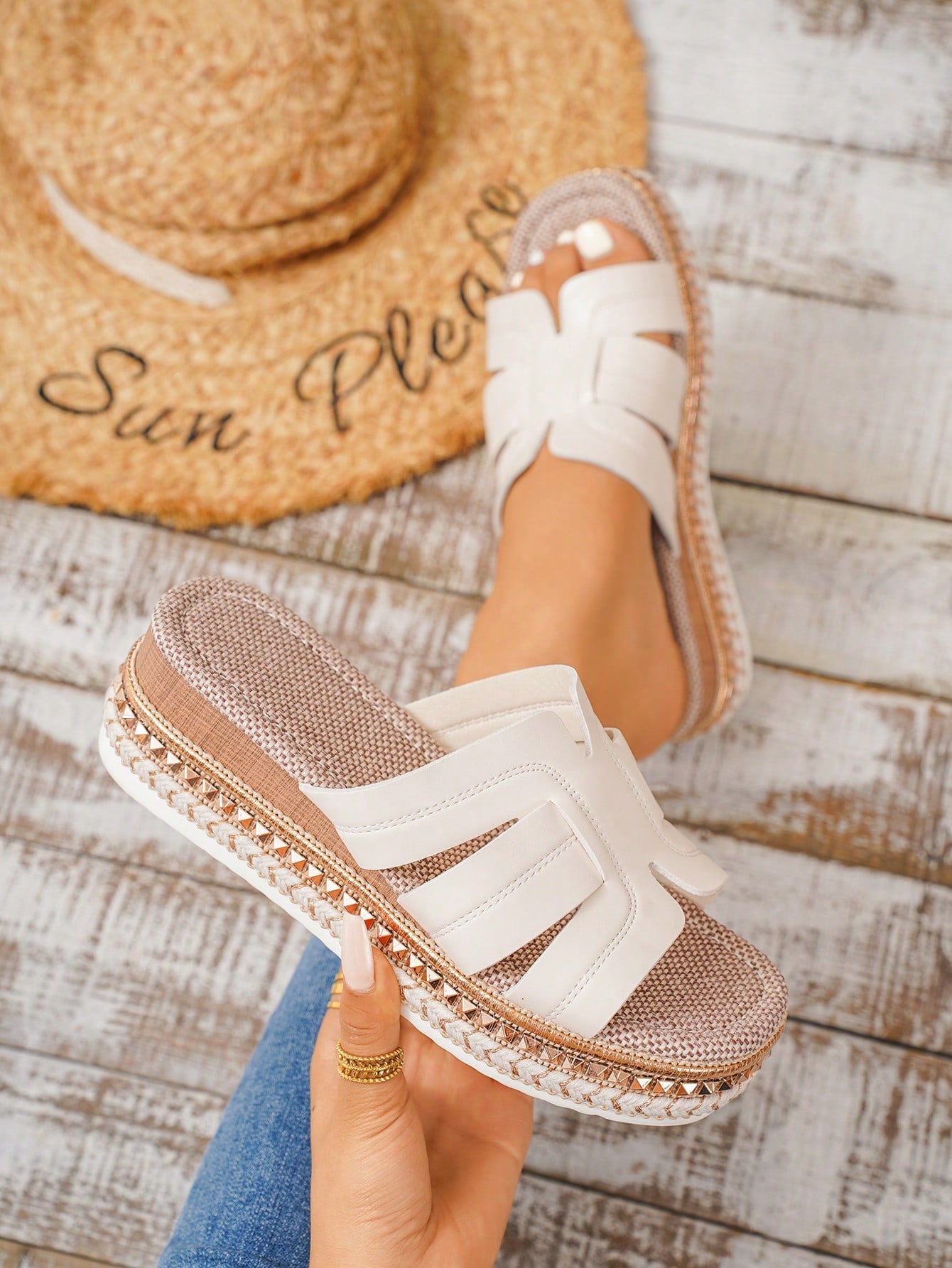 Women's Platform Wedge Sandals (Run Small 1 Size), Round Toe Rivets, Simple T-Strap, Straw Rope Chunky Sandals, Beige, Large Size