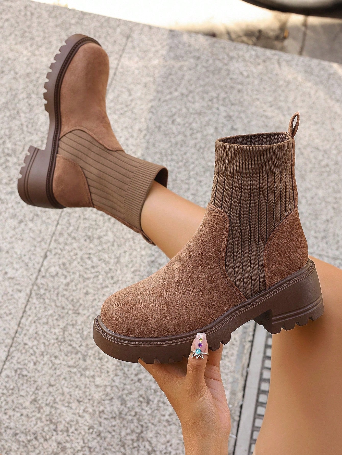 Women's Fashionable Elastic Comfortable British Style Slim Fit Boots With Patchwork Design