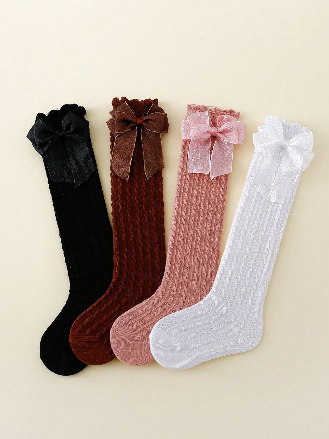 4pairs Children's Solid Color Bowknot Bubble Tube Socks Suitable For Daily Wear