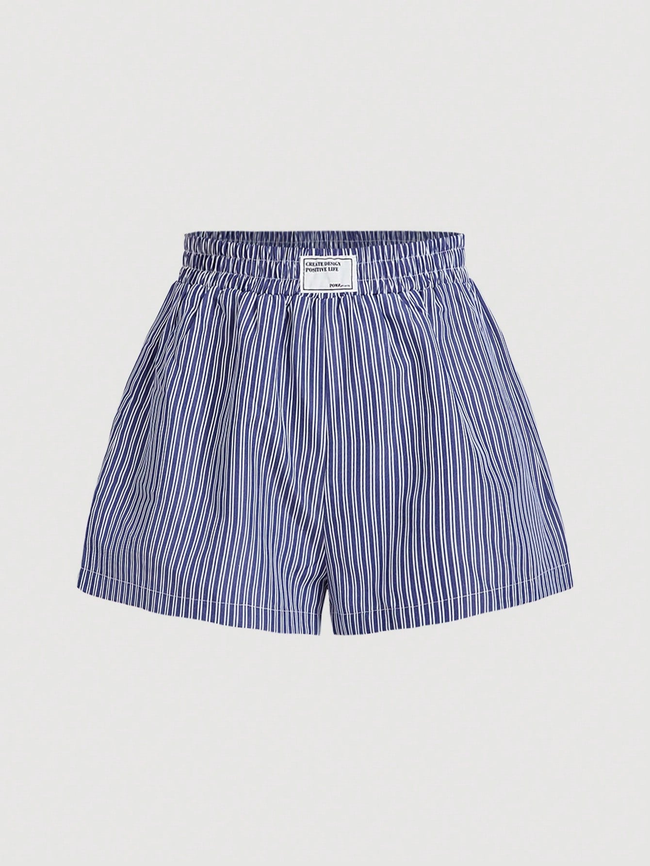 Women's Blue & White Striped Elastic Waistband Shorts With Letter Patch Decoration