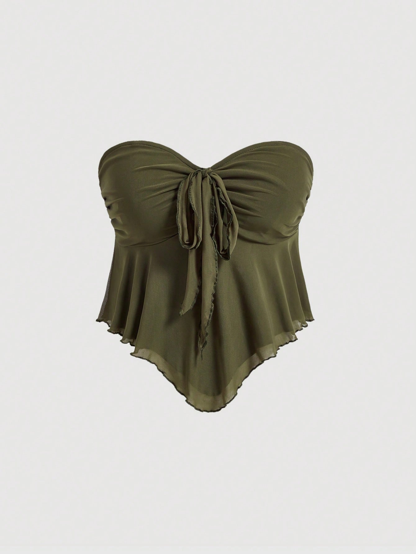 Plus Size Brown Strapless V-Neck Top With Ruffled Hem And Bow Tie