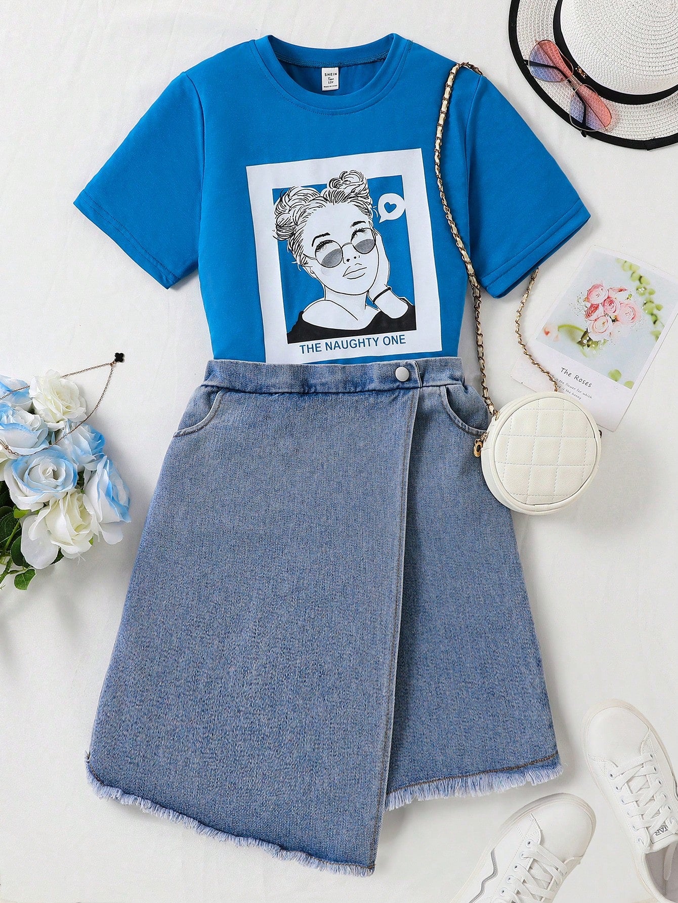 Tween Girl Character & Letter Printed Short Sleeve T-Shirt And Irregular Hem Denim Skort 2pcs/Set