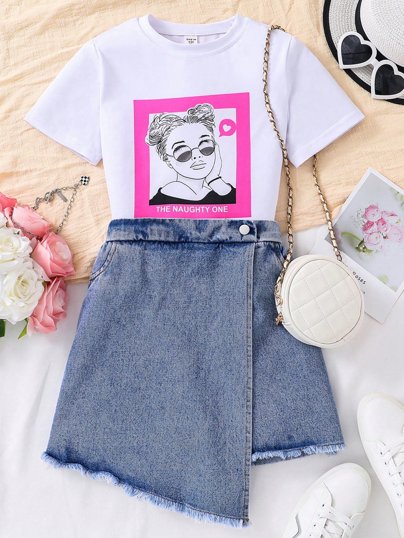 Tween Girl Character & Letter Printed Short Sleeve T-Shirt And Irregular Hem Denim Skort 2pcs/Set