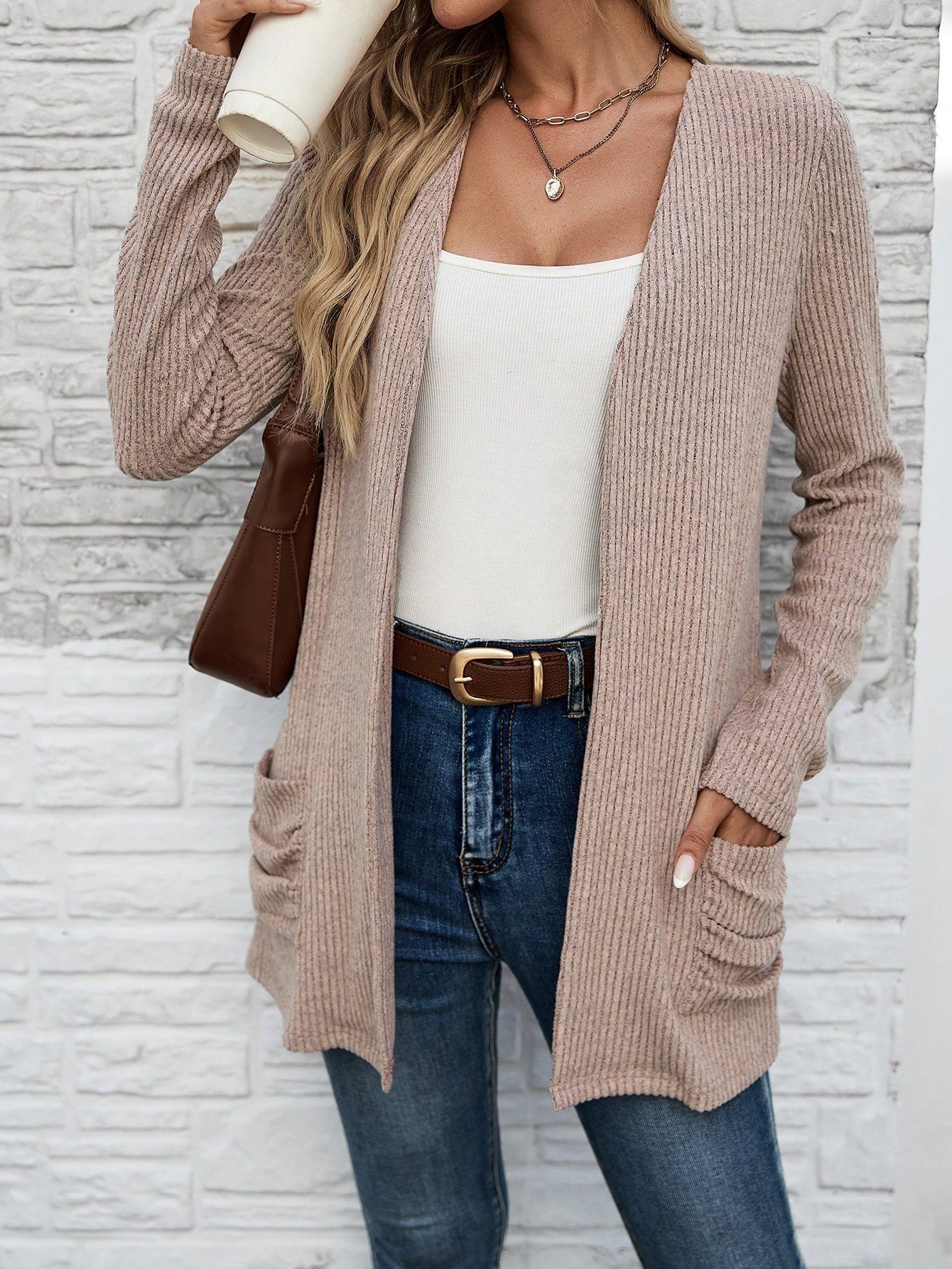 Dual Pocket Open Front Ribbed Knit Coat