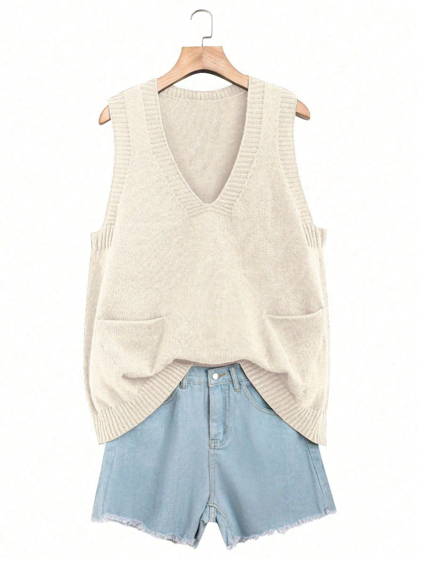 Plus Size Spring Autumn Casual Solid Color Double Pocket Sweater Vest