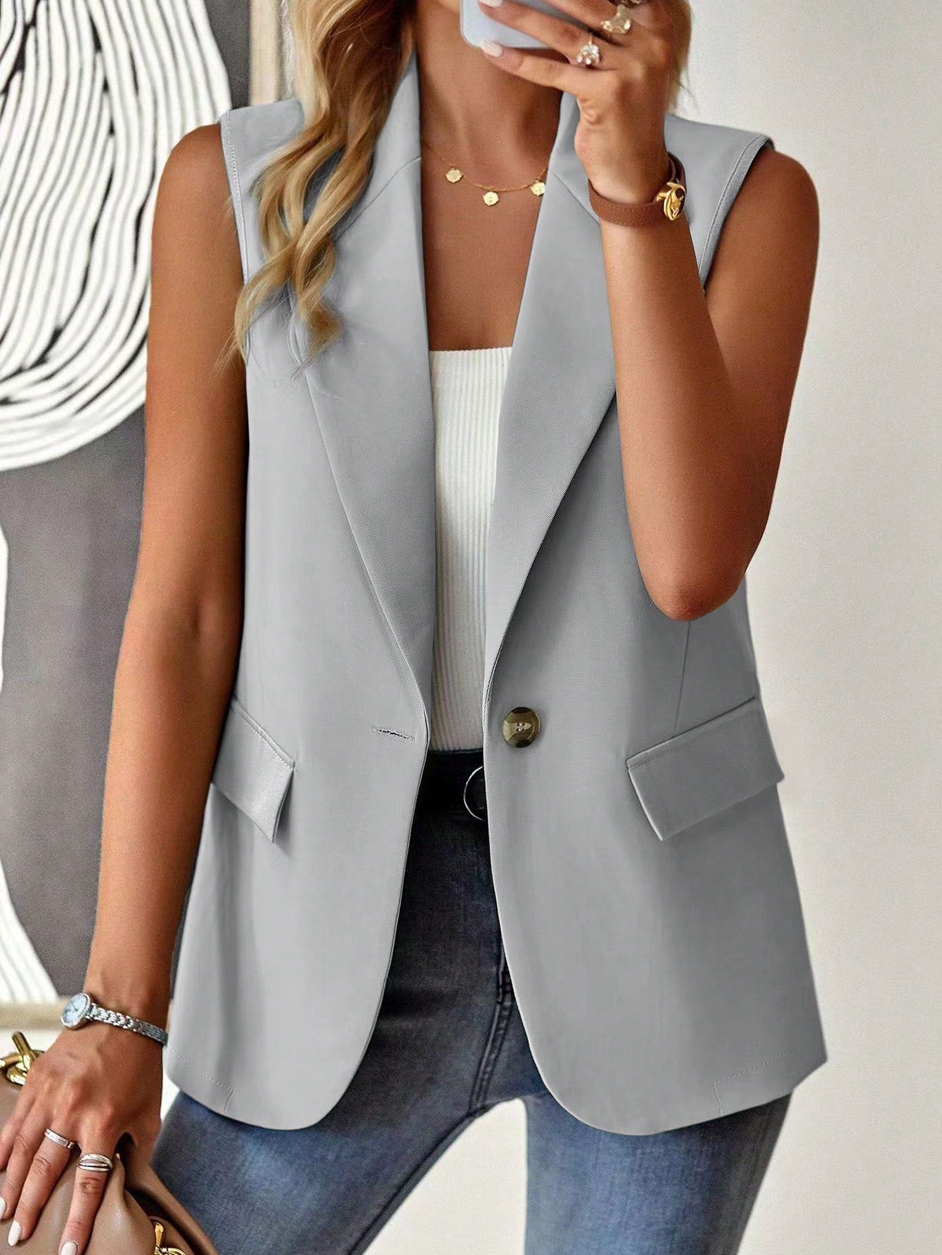 Frenchy Ladies' Solid Color Vest Style Blazer Jacket With Notched Lapel