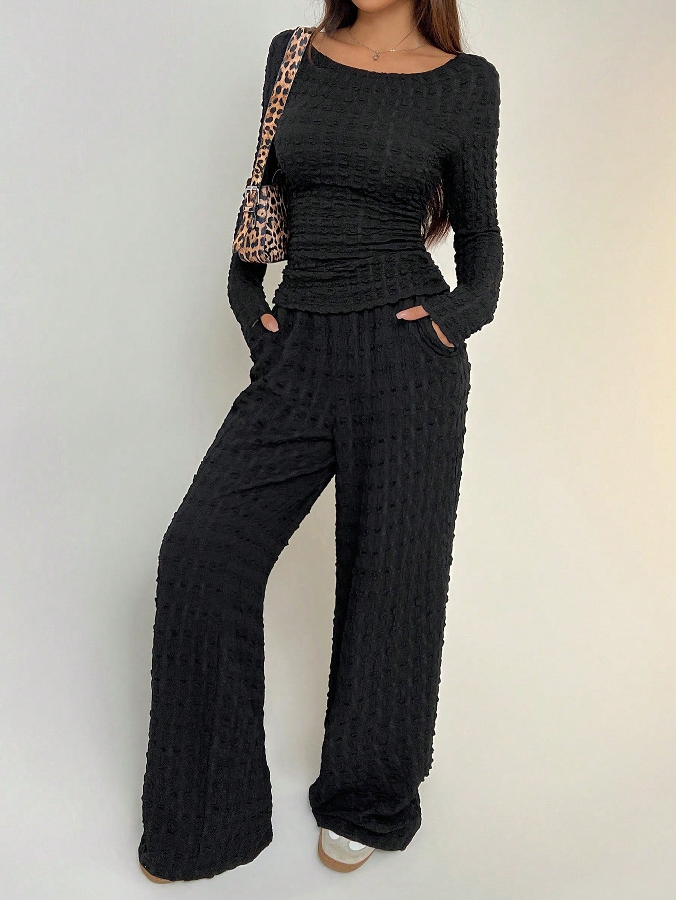 Knitted Women's Slim Fit Boat Neck Long Sleeve Top And Wide Leg Pants Set