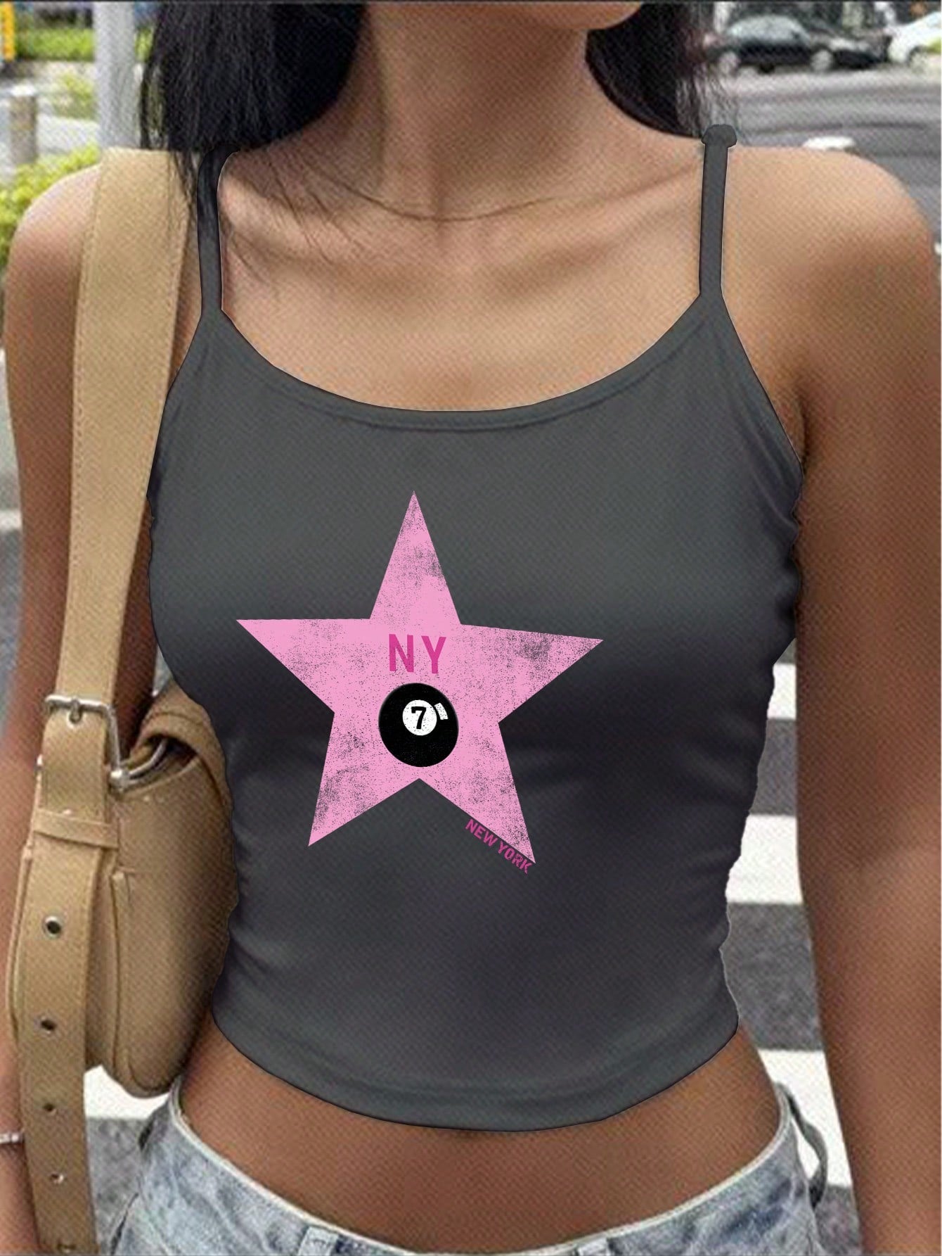 Women's Casual Pink Star & Number 7 Pattern White Slim Fit Tank Top, Summer