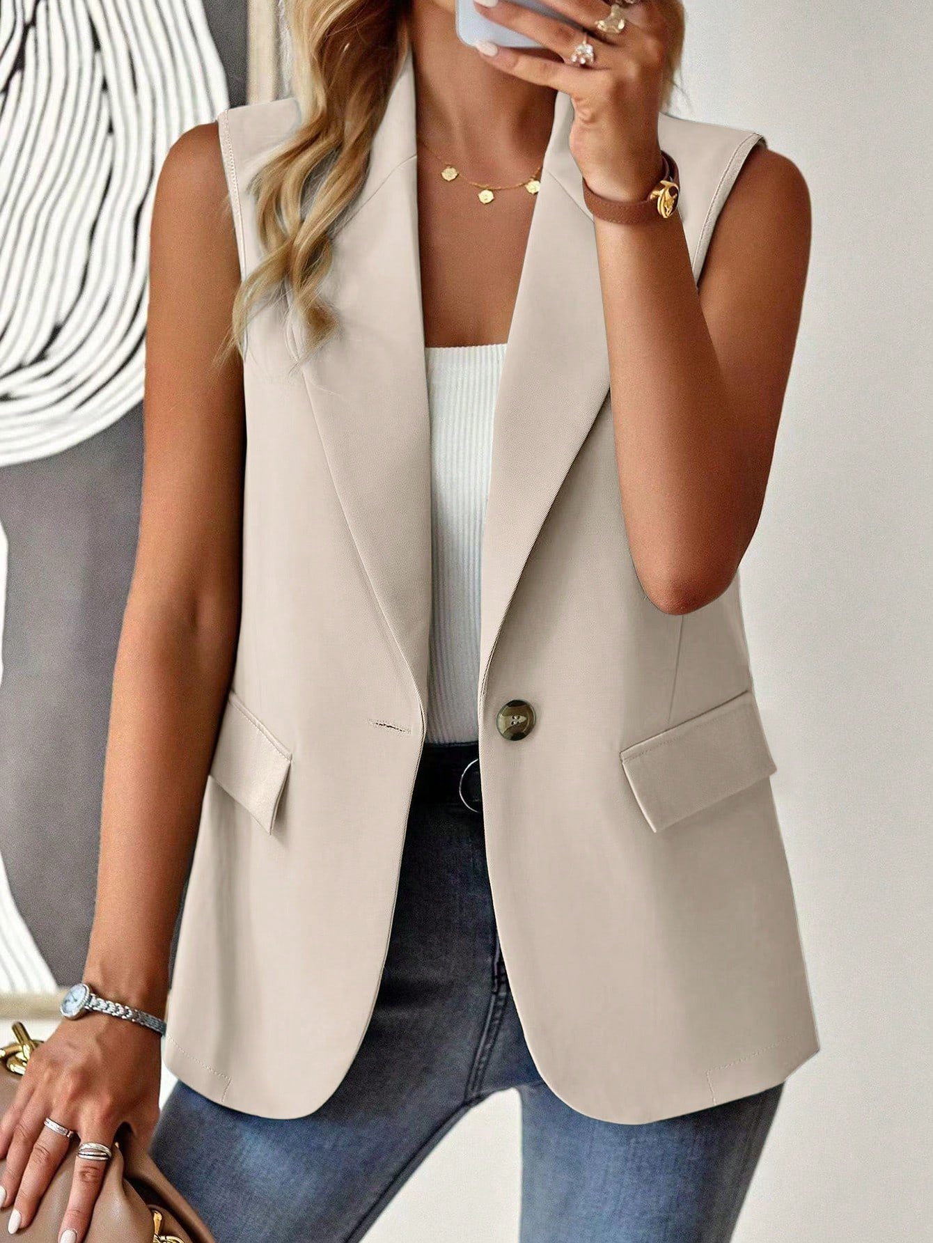 Frenchy Ladies' Solid Color Vest Style Blazer Jacket With Notched Lapel