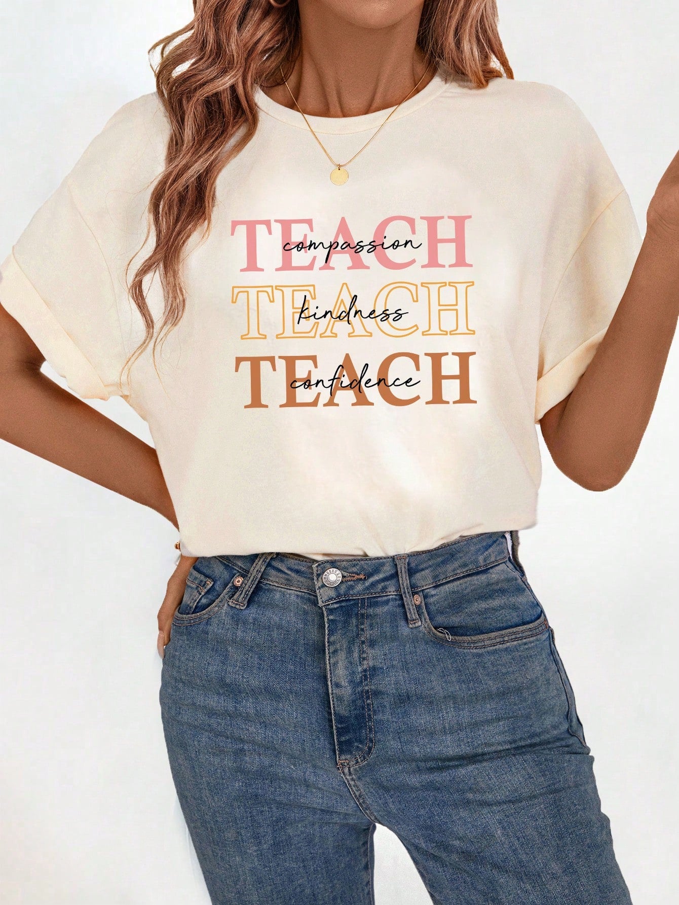 Casual And Simple Teacher Printed Round Neck Short Sleeve Women's T-Shirt, Suitable For Summer TEACHER