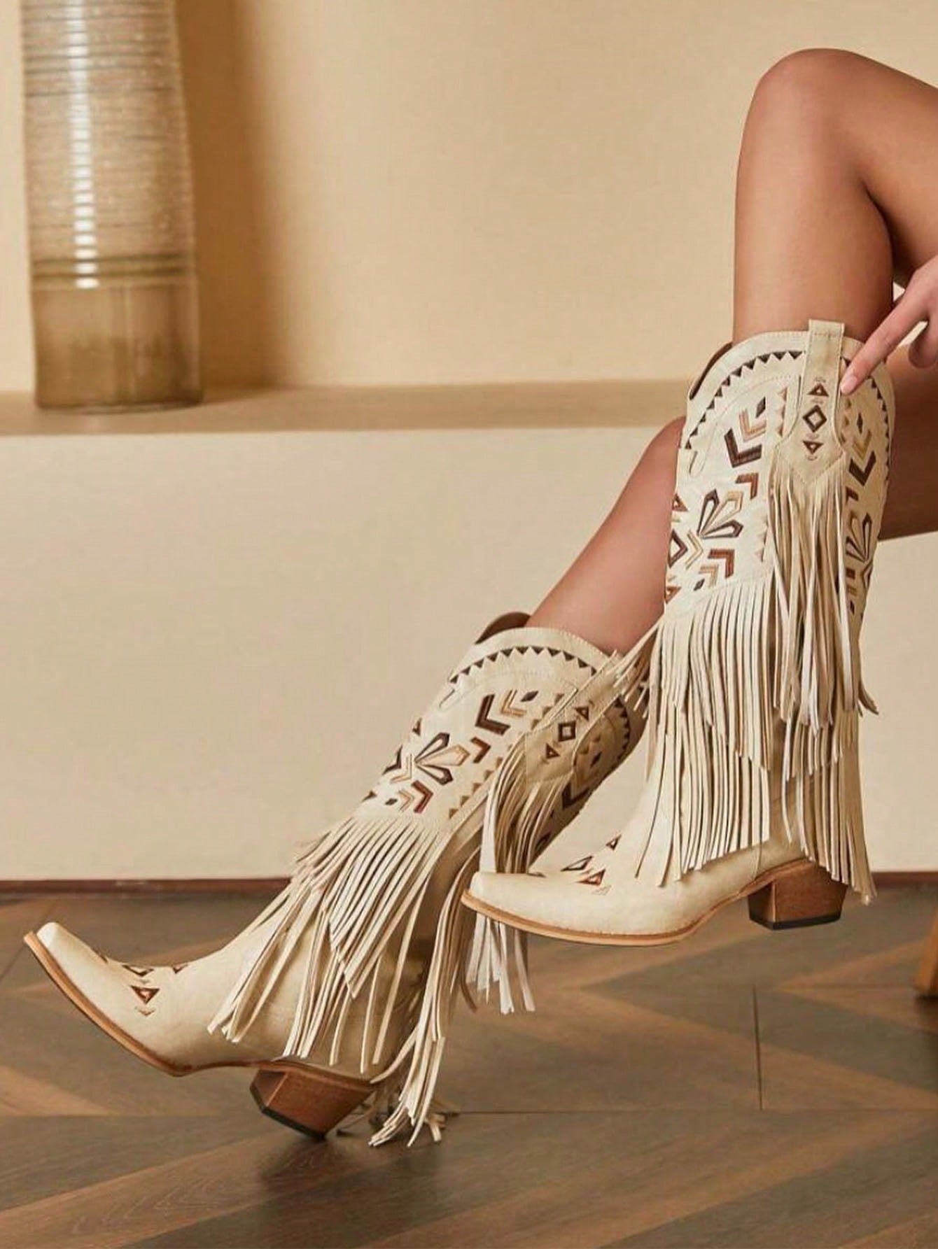 Brown Cowgirl Western Boots Fringe Tassel Chunky High Heels Mid Calf Slip On Retro Casual Fashion Women Ridding Shoes