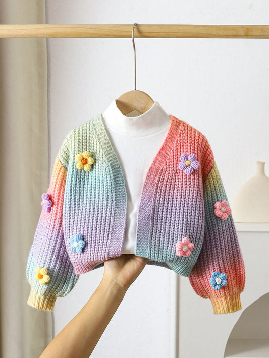 Young Girl Colorblock 3D Flower Loose Casual Cardigan Sweater