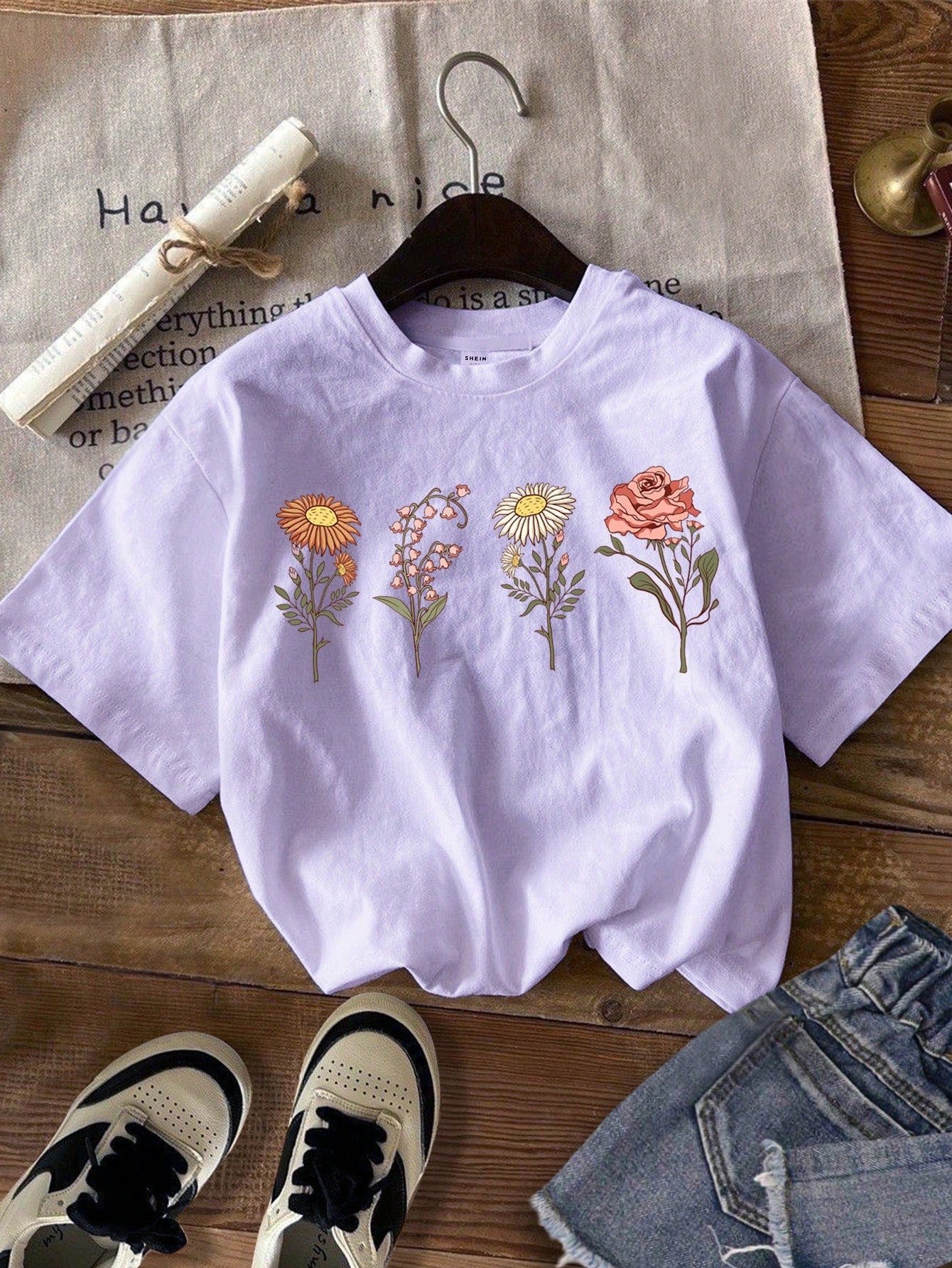 Floral Print, Tween Girl's Simple Short Sleeve Round Neck T-Shirt Suitable For Spring And Summer