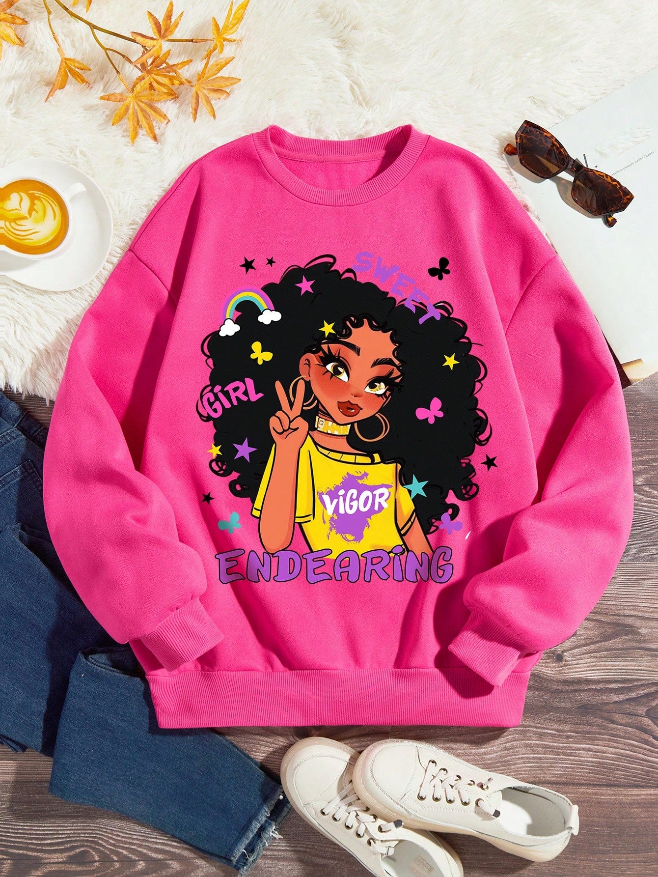 Tween Girls' Casual Cartoon Patterned Long Sleeve Round Neck Sweatshirt Suitable For Autumn And Winter