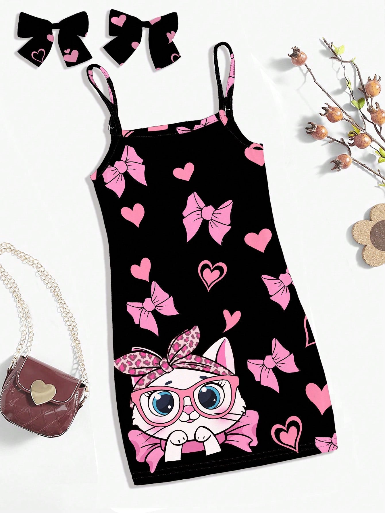 Young Girl Pink Cat Heart Printed Cartoon Dress, Casual Cami Dress Suitable For Summer