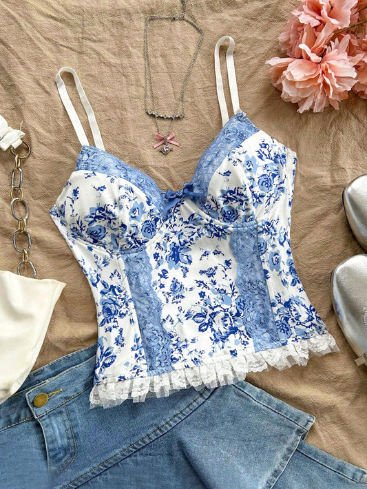 Women's Early Autumn Vacation, Graduation Season, Back To School Clothes, Fall Clothes, Vacation Wear, Cute, Romantic, Casual, Sweet Breast Cup Style, Blue And White Flower Knitted Stretch Lace Patchwork Camisole Summer Top