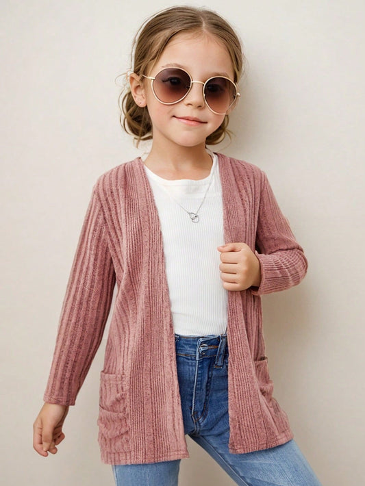 Young Girl 1pc  Solid Color Knitted  Open Front Coat With Pocket, Autumn And Winter,Soft & Comfortable,Back-To-School ,College Style, Daily Wear,Preppy,Vintage