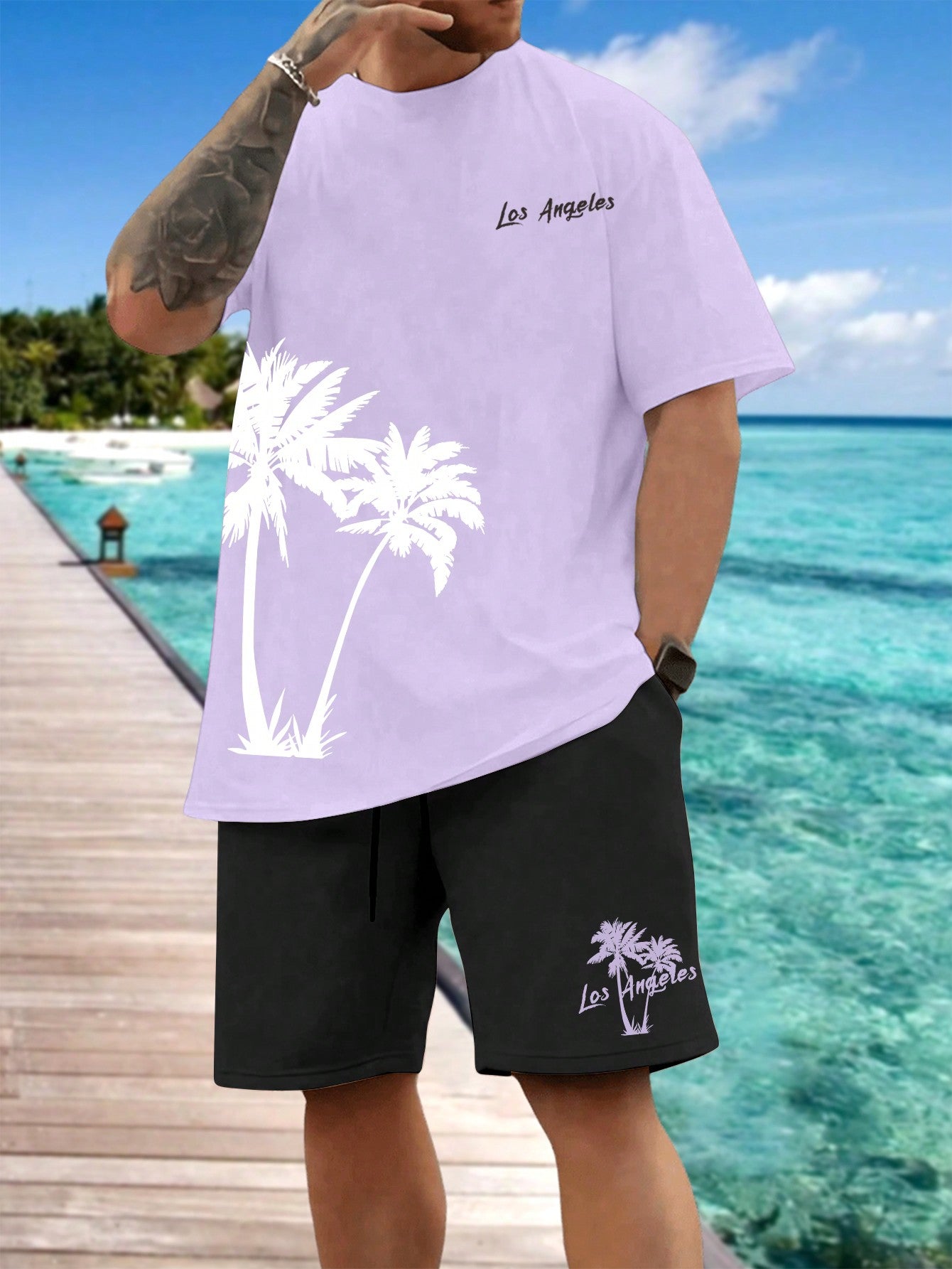 Men's Plus Size Coconut Tree Printed Round Neck Short Sleeve T-Shirt And Shorts Set, Summer