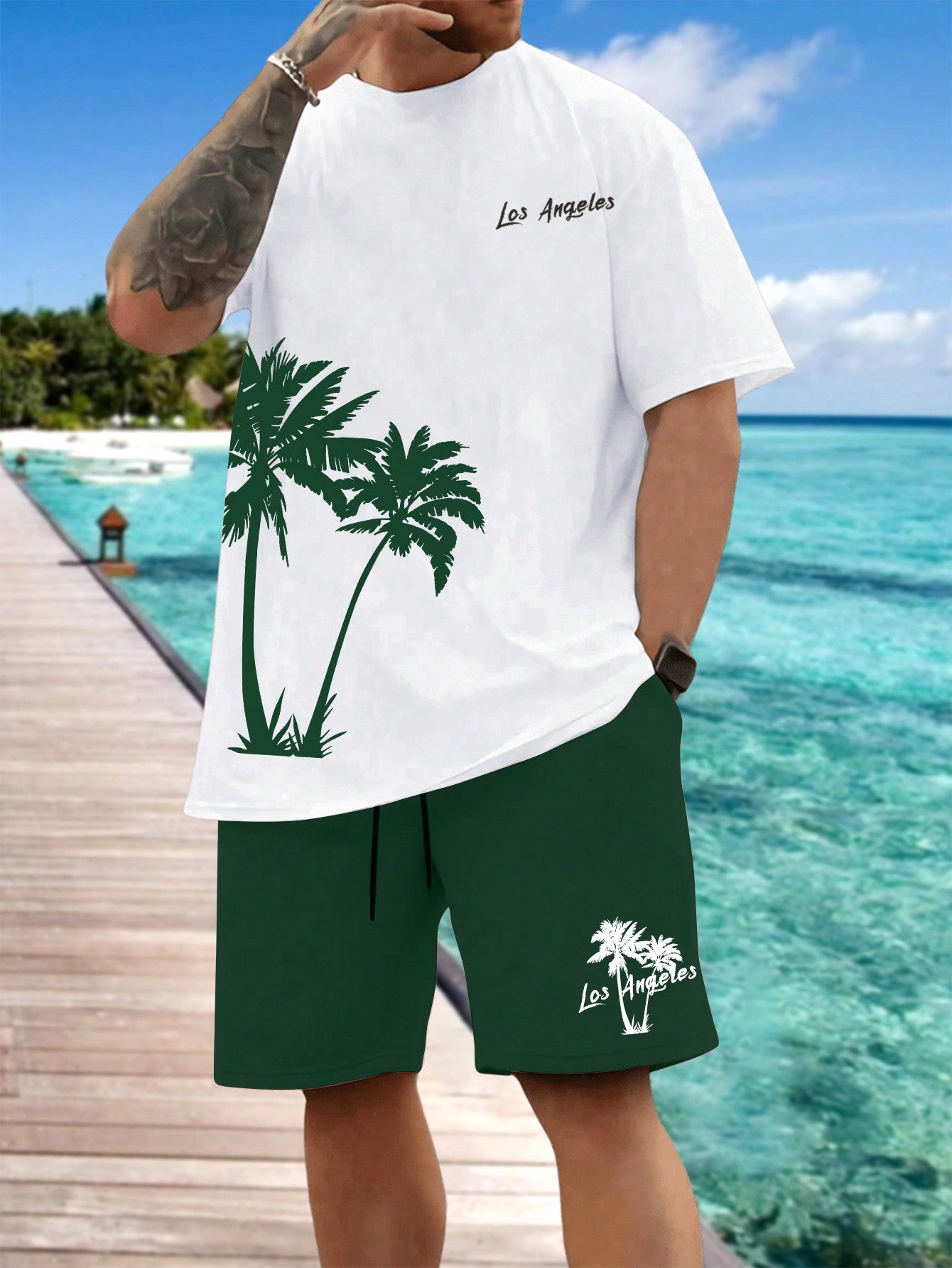 Men's Plus Size Coconut Tree Printed Round Neck Short Sleeve T-Shirt And Shorts Set, Summer