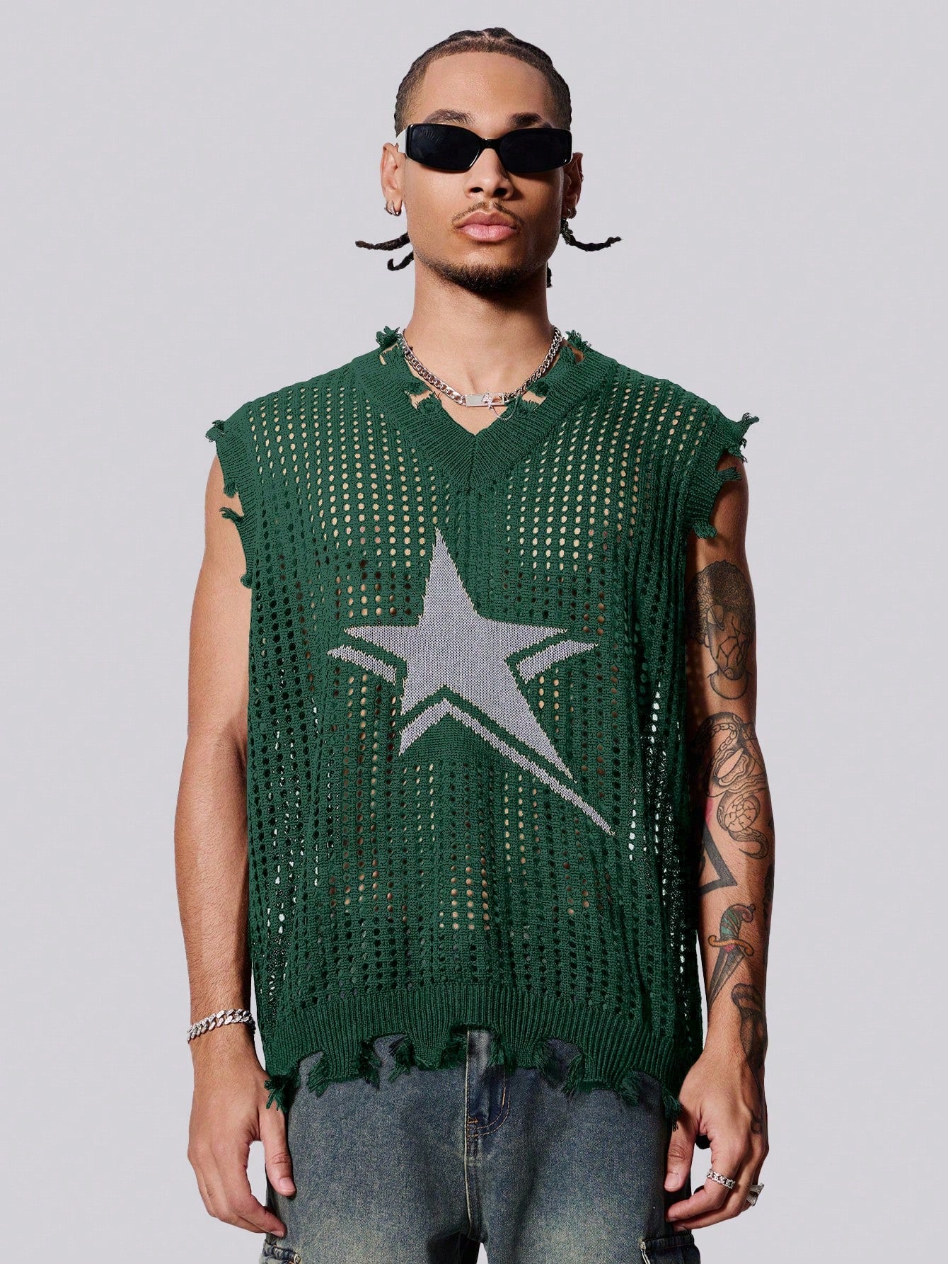 Men's V-Neck Sleeveless Knitted Top With Pentagram Print Halloween