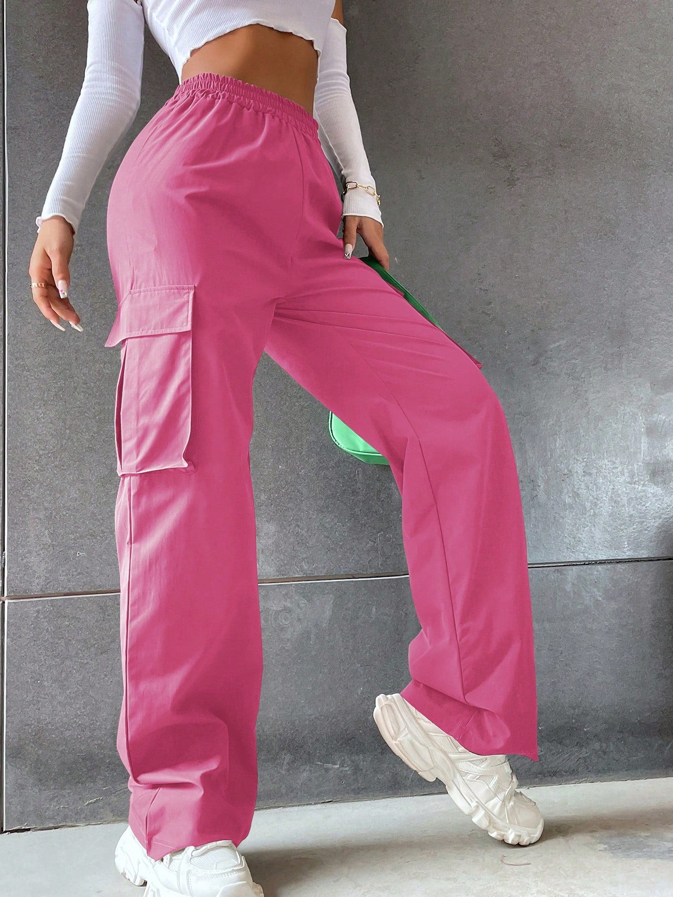 Solid High Waist Flap Pocket Cargo Pants