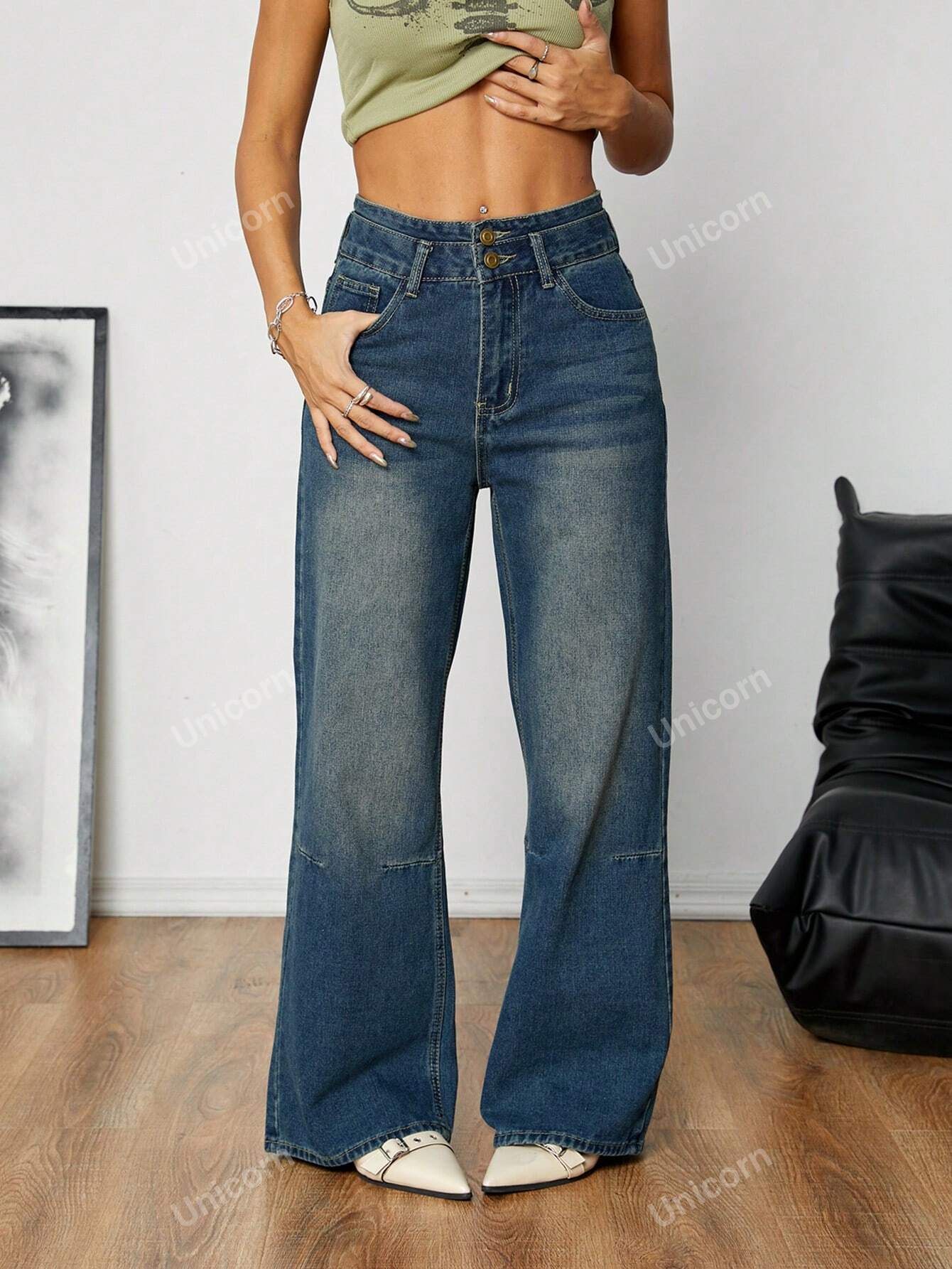 American-Style Light Blue Vintage Jeans With Buckle Design, Women's Straight Wide Leg Pants