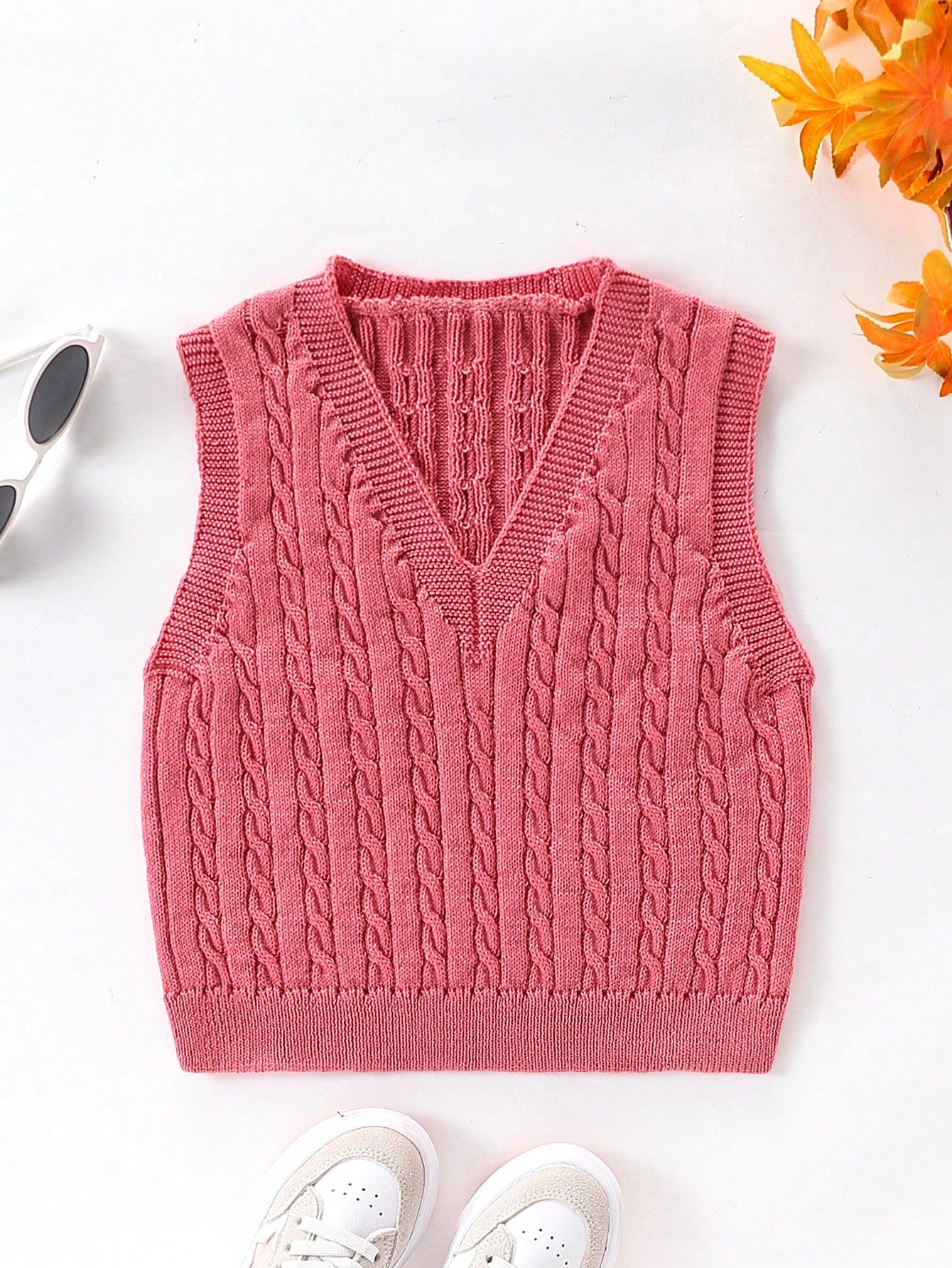 Tween Girl Cable Knit V Neck Sweater Vest