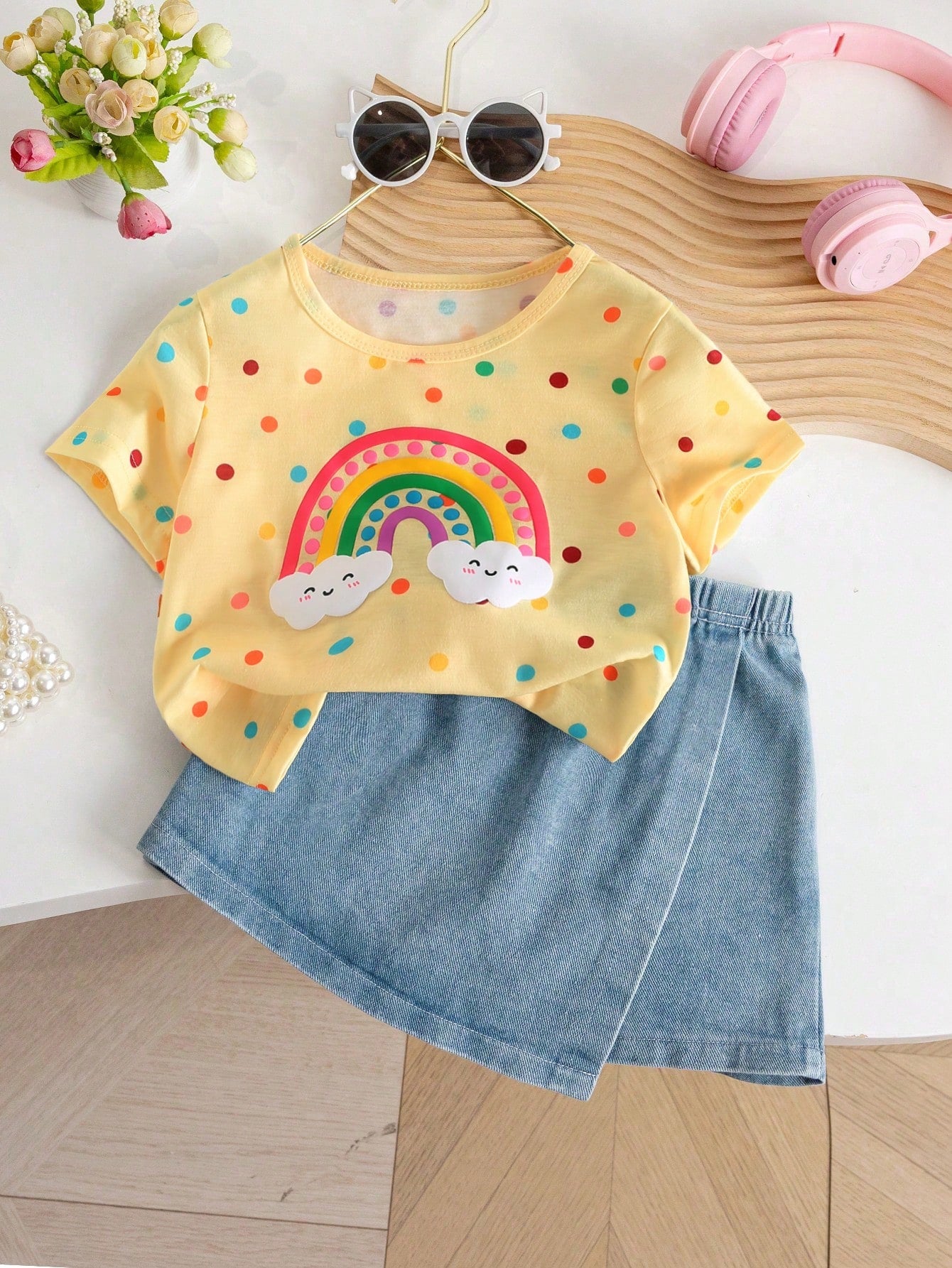 Young Girl Back To School Season Casual Cute Round Neck Regular Sleeves Colorful Polka Dot Rainbow Printed T-Shirt And Plain Denim Skort Set Summer