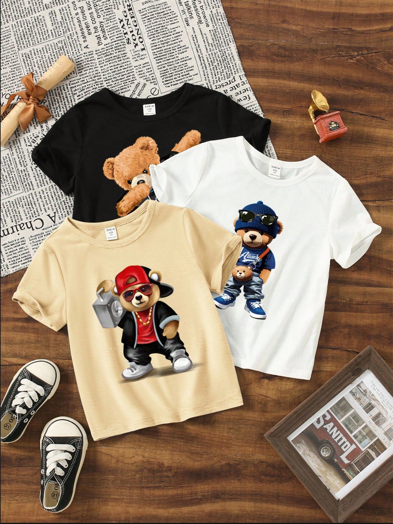 Bear, Cute Bear, Cool Bear, Set Of 3 T-Shirts, Young Boy Casual Minimalist Crewneck Short Sleeve T-Shirt[Suitable For Summer]