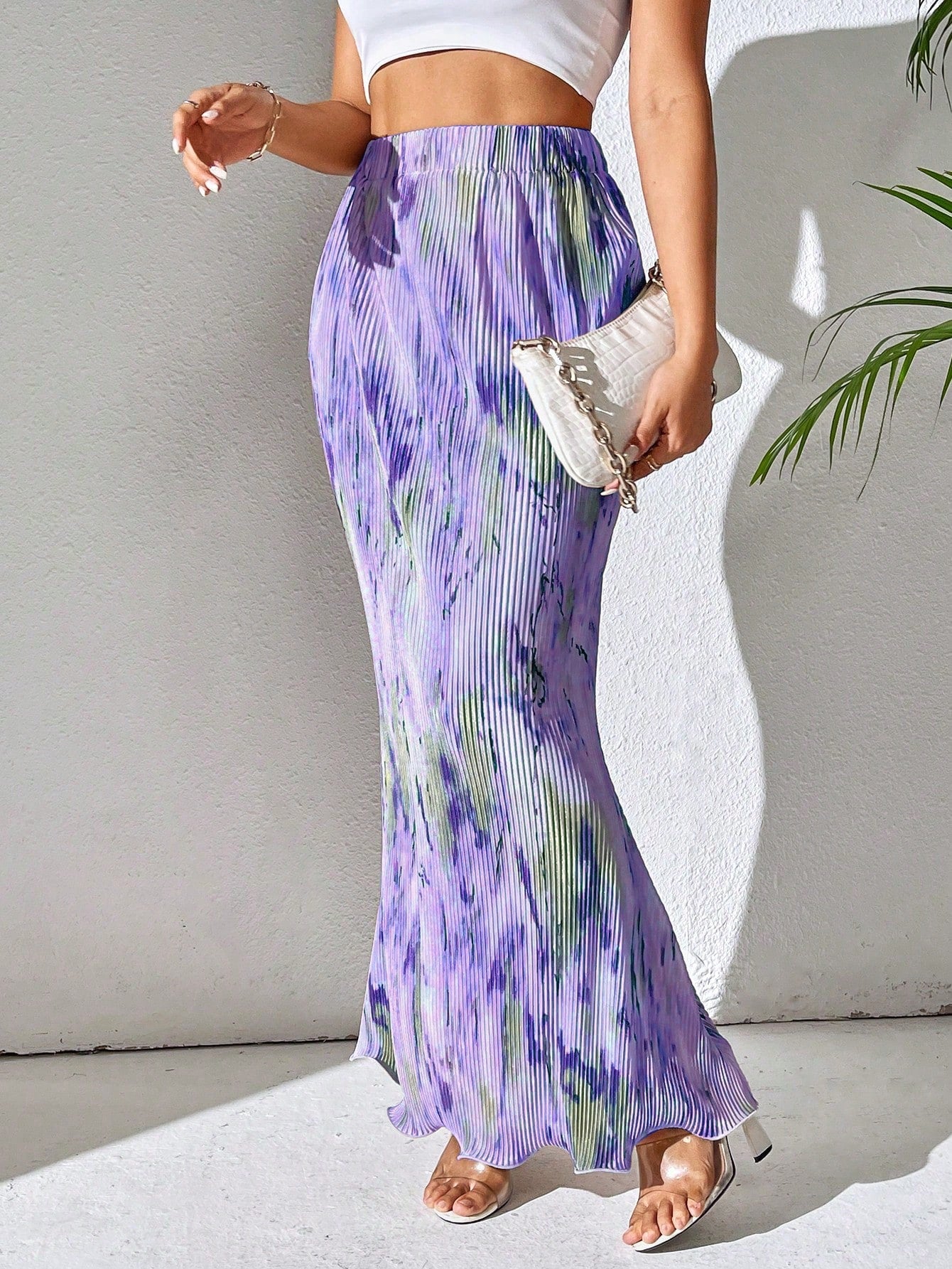 Raffinéa Spring And Summer Casual Pleated Elastic Waist Fish Tail Hem Long Skirt With Random Prints