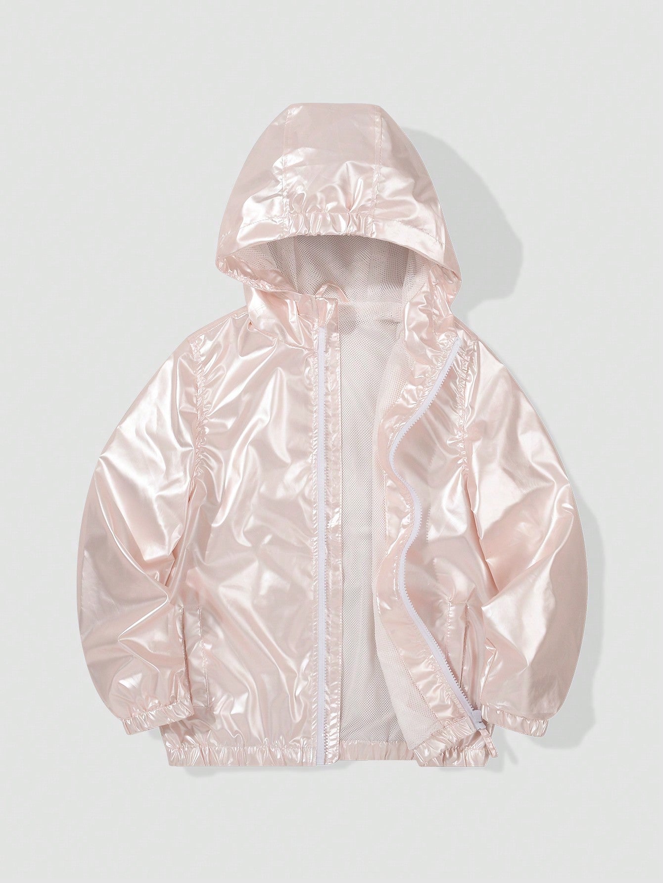 Girls Pink Casual Loose Solid Color Princess Style Hooded Waterproof Windbreaker Jacket