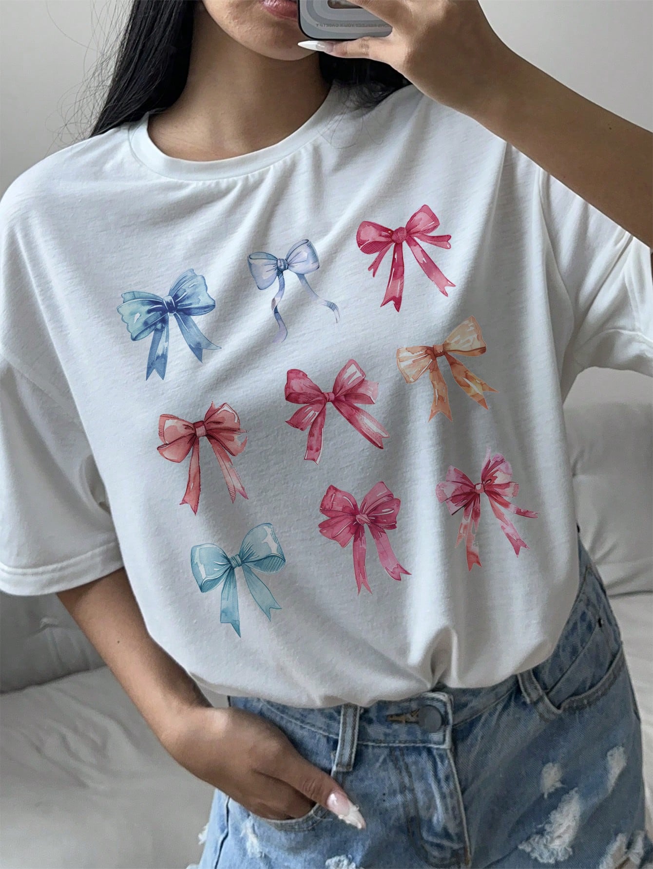 Oversized White Cherry Print Round Neck Short Sleeve Casual T-Shirt For Women, Suitable For Summer