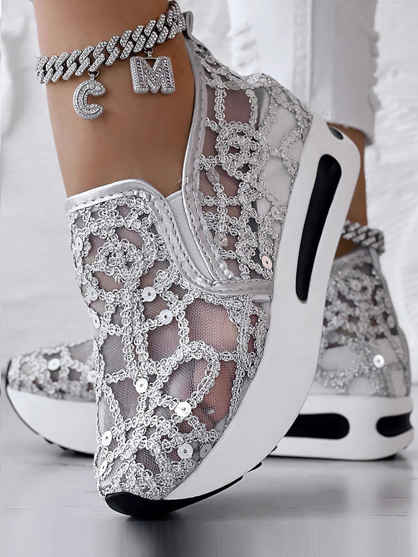 Women's Bling Mesh Slip-On Wedge Platform Sneakers, New Metallic Casual Shoes For Fall/Wedding/Back To School